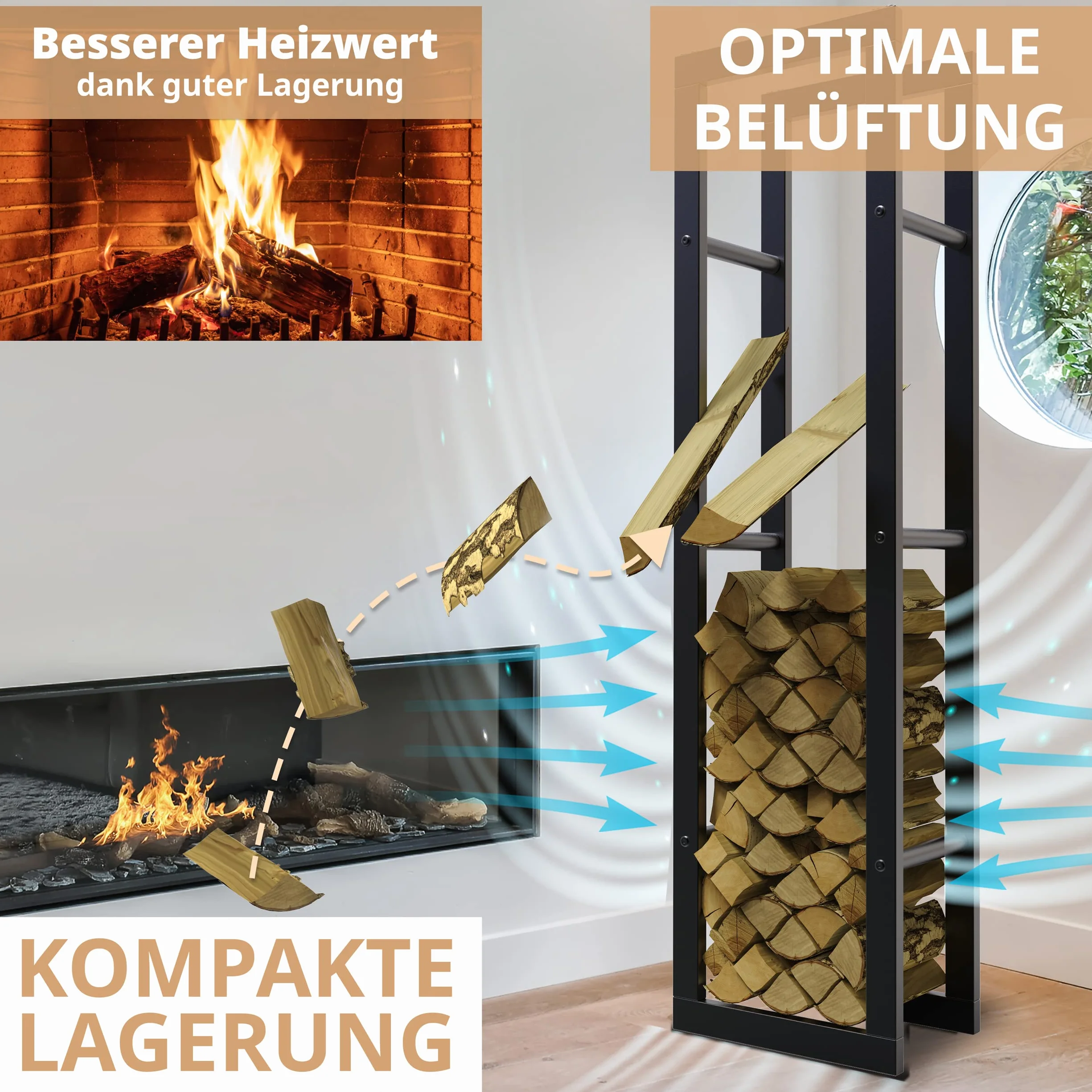 Metalowy regał na drewno kominkowe, ocynkowany, 40 x 25 x 150 cm, regał na drewno opałowe, do użytku wewnątrz i na zewnątrz, regał na drewno kominkowe, do salonu, czarny