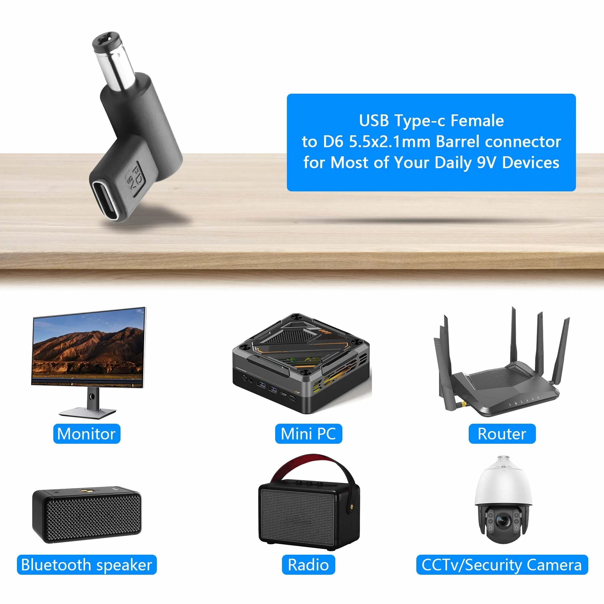 GINTOOYUN 2 szt. 9V DC Adapter złącze zasilania 90 stopni kąt żeński USB C na męski konwerter DC 5,5 mm X 2,1 mm (9V)