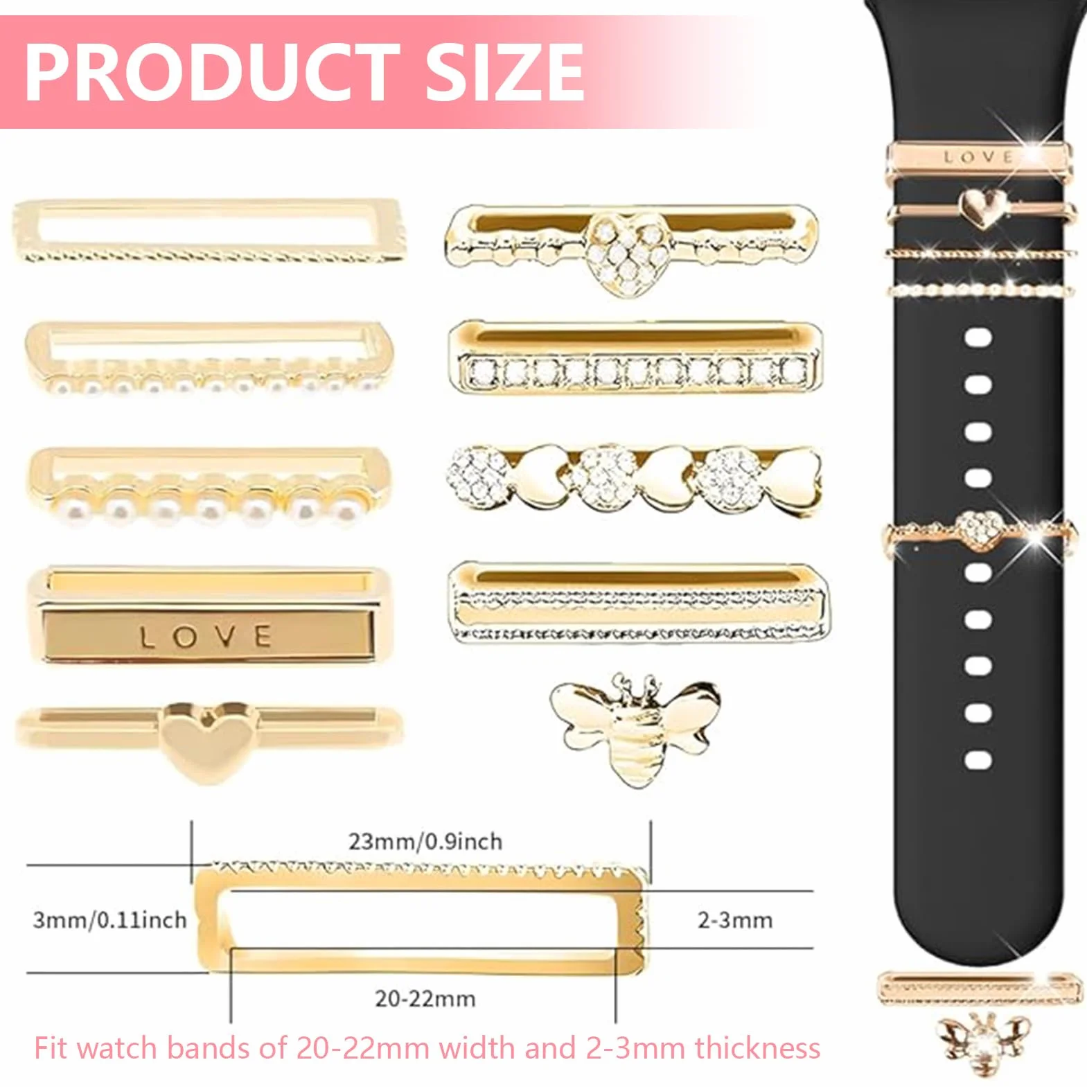 Bransoletka Charms, Zegarek bransoletka Charms kompatybilne, charms bransoletka Taśmy Metalowe ozdobienie z pętlą dla Apple Watch Series 10 9 8 7 6 5 4 3 2 1 (styl A)