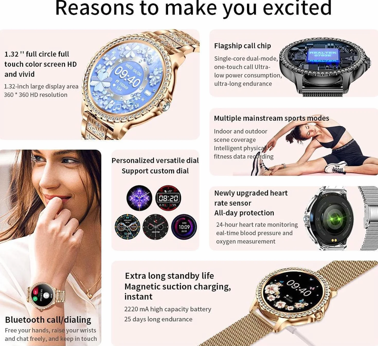 Inteligentny zegarek dla kobiet (odbieranie/wykonywanie połączeń), zegarek do fitnessu z czujnikiem tętna Spo2 podczas snu, smartwatch z krokomierzem i licznikiem kalorii dla telefonów z sys