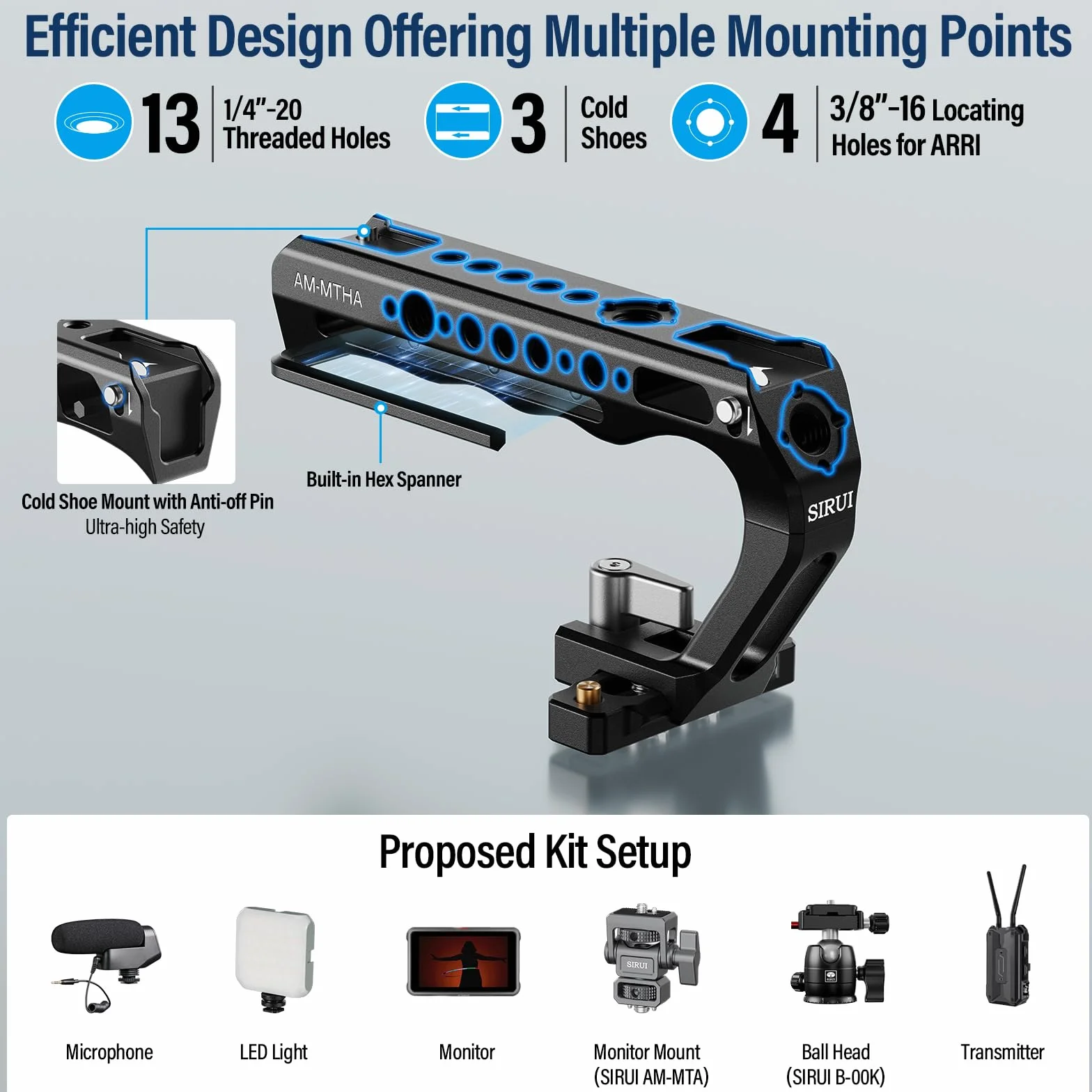 SIRUI 2 w 1 Top Handle do ARRI lub NATO Mount, w pełni aluminiowy uchwyt klatki na kamerę z Cold Shoe z trzpieniem zabezpieczającym, kilka otworów gwintowanych, AM-MTHA