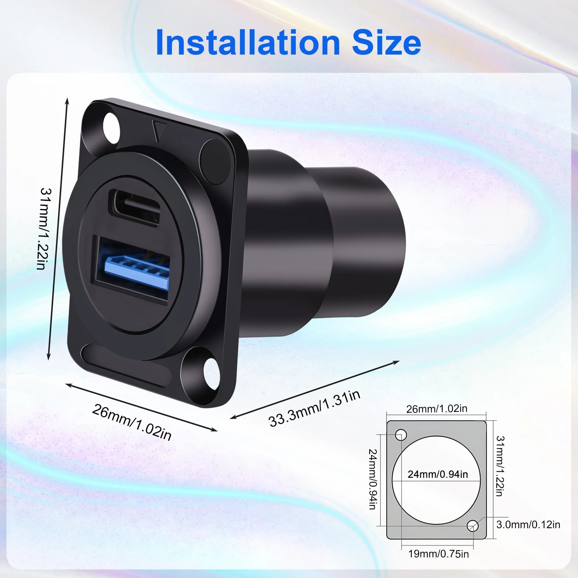 Podwójny adapter USB 3.0 i panel typu C, gniazdo przejściowe typu D z USB A 3.0 + podwójne porty USB C 3.1 do samochodu/domu/przemysłu (szybkie ładowanie danych i ładowanie)