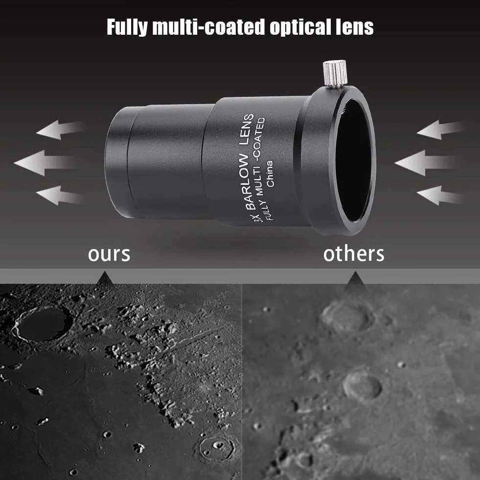 Soczewka Barlowa 3X 1,25 cala, w pełni wielowarstwowa soczewka optyczna, w pełni powlekana soczewka Barlowa o wysokiej przepuszczalności, okular teleskopu astronomicznego Soczewka Barlowa