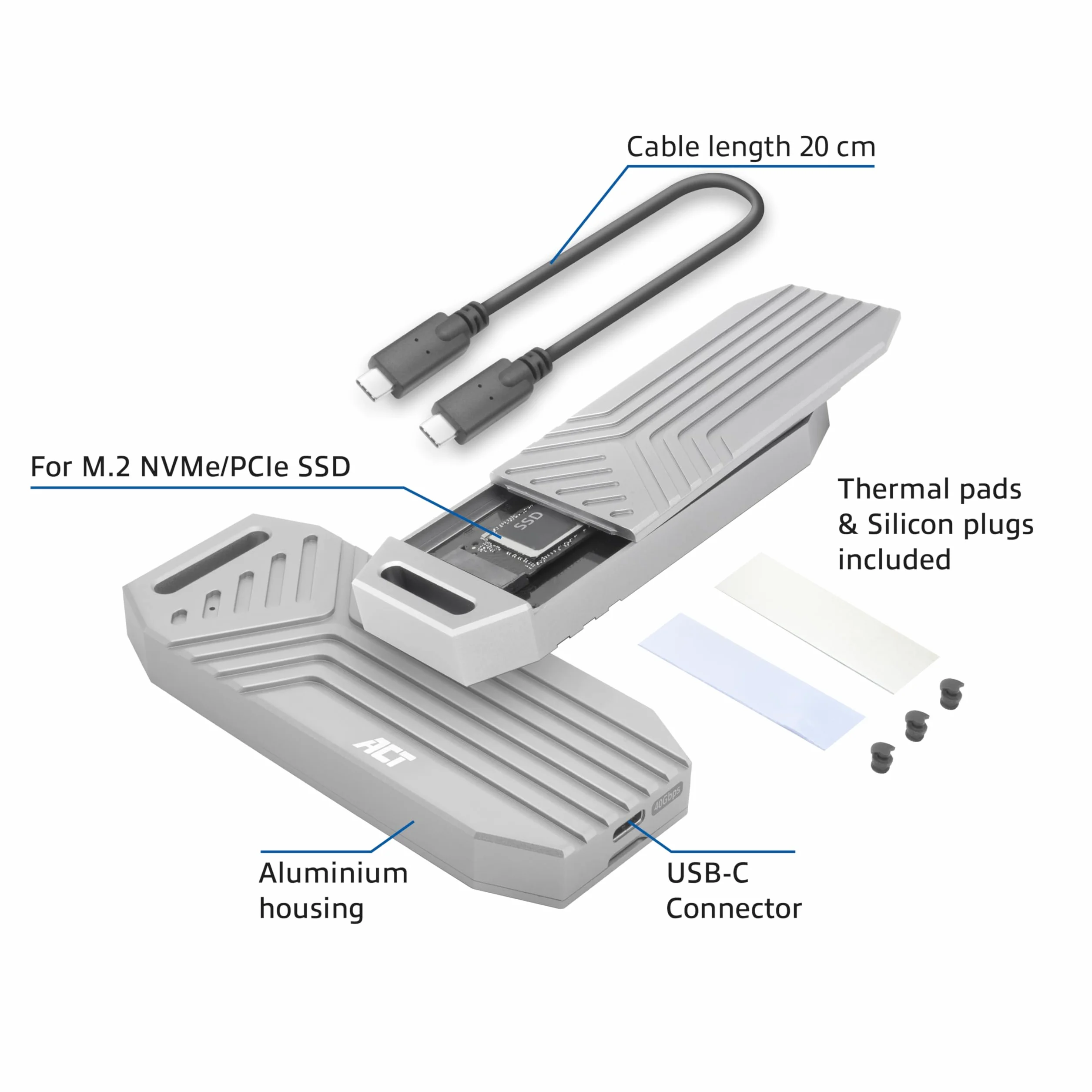 ACT Obudowa USB4 M.2 NVMe SSD, M.2 2280 NVMe/PCIe z M-Key lub B+M-Key, 40 Gb/s, beznarzędziowa, aluminiowy radiator, typ C - AC1625