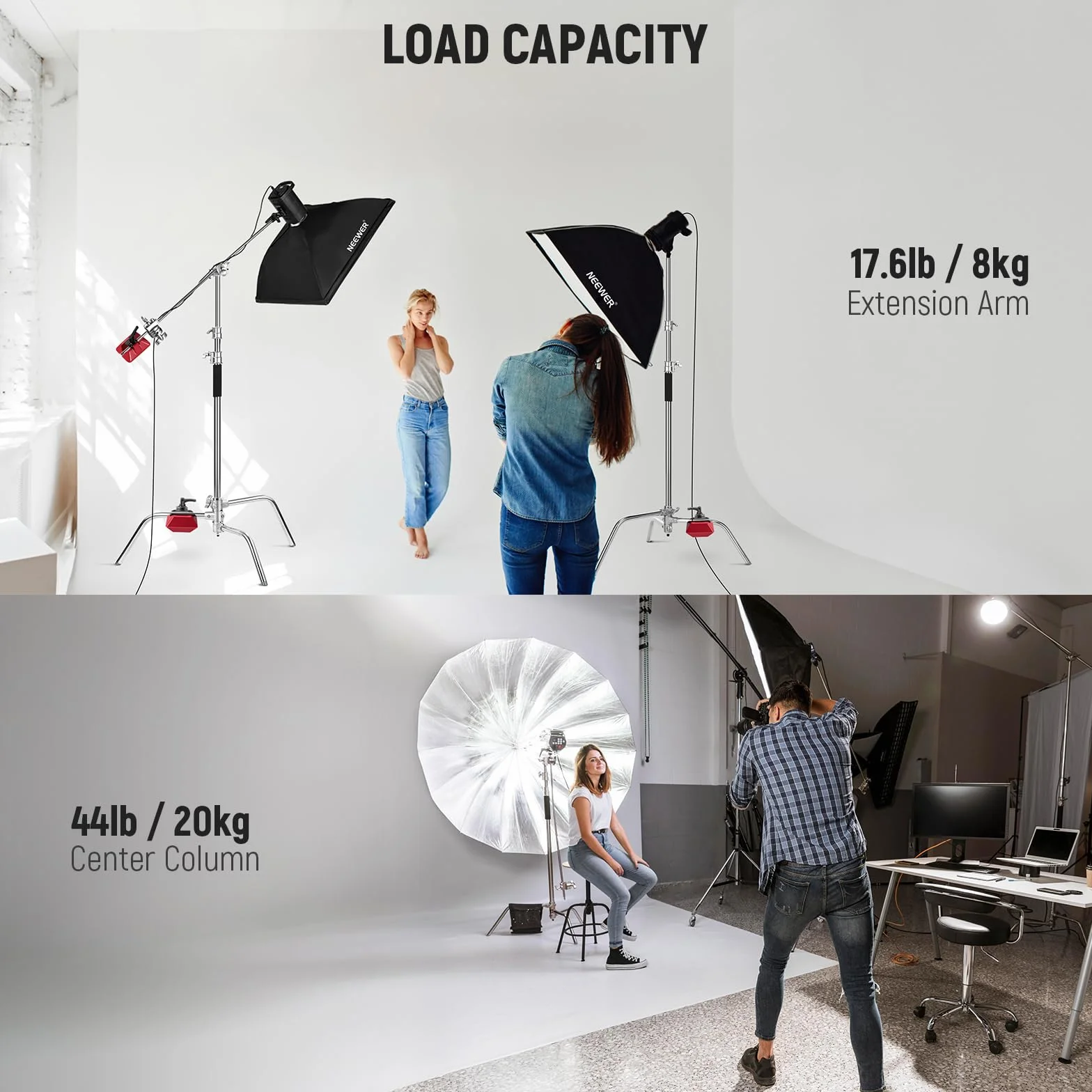 NEEWER BASICS 100% wytrzymały stojak ze stali nierdzewnej C z ramieniem wysięgnika, maks. 320 cm stojak na światło fotograficzne, ramię trzymające 128 cm, 2 głowice chwytne do reflektora Studio