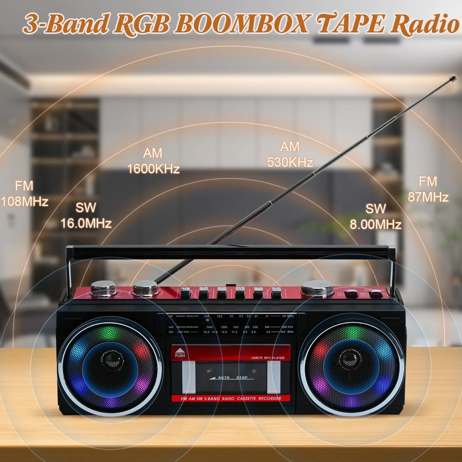 Przenośny odtwarzacz kasetowy Boombox AM/FM/SW radio stereo, odtwarzacz kasetowy, odtwarzacz MP3, Bluetooth, USB, RGB, karta TF (czerwony)