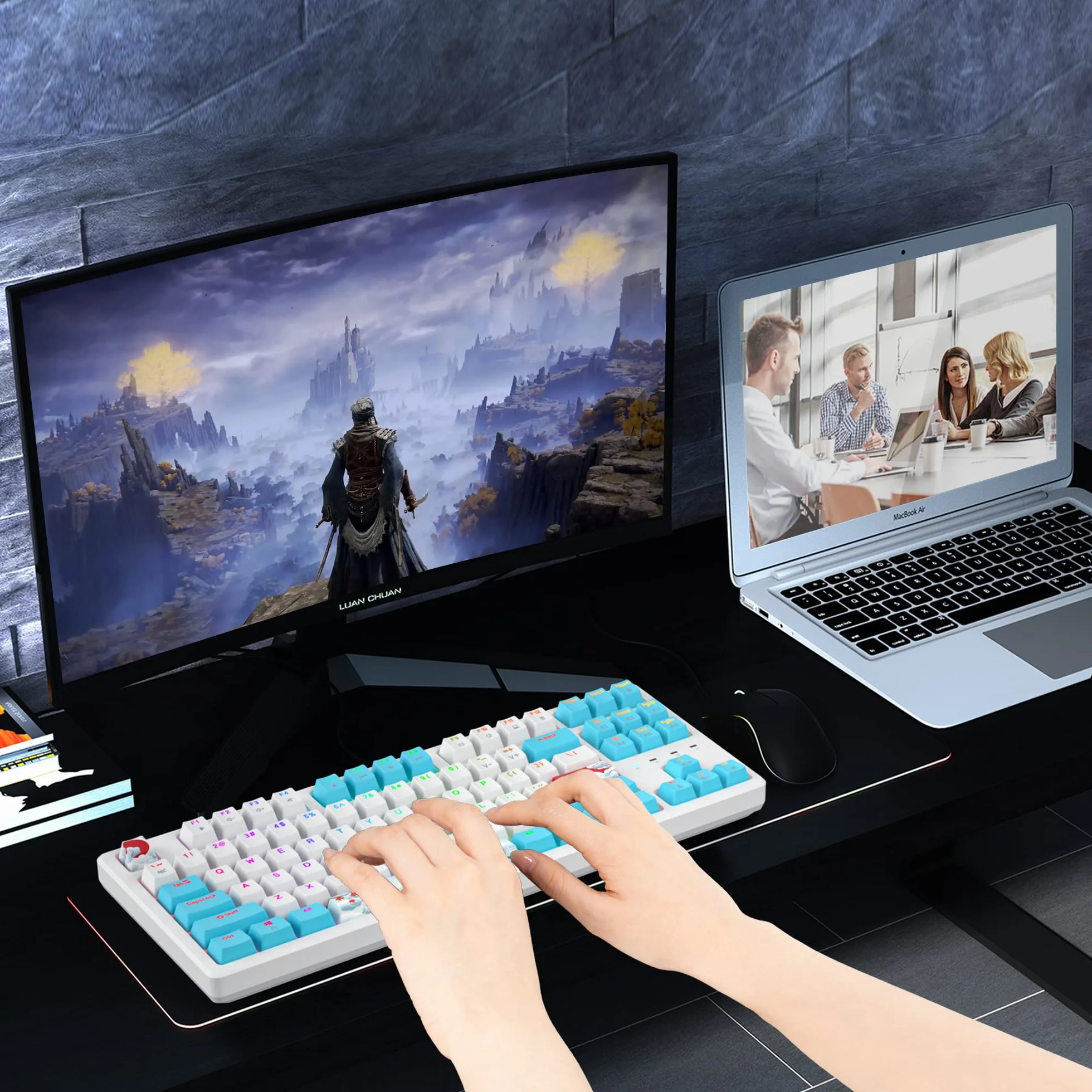 SOLIDEE Przenośna klawiatura mechaniczna do gier 80%,87 klawiszy kompaktowa klawiatura przewodowa z podświetleniem RGB,klawiatura biurowa z przełącznikami liniowymi czerwonymi dla(87 Sea)