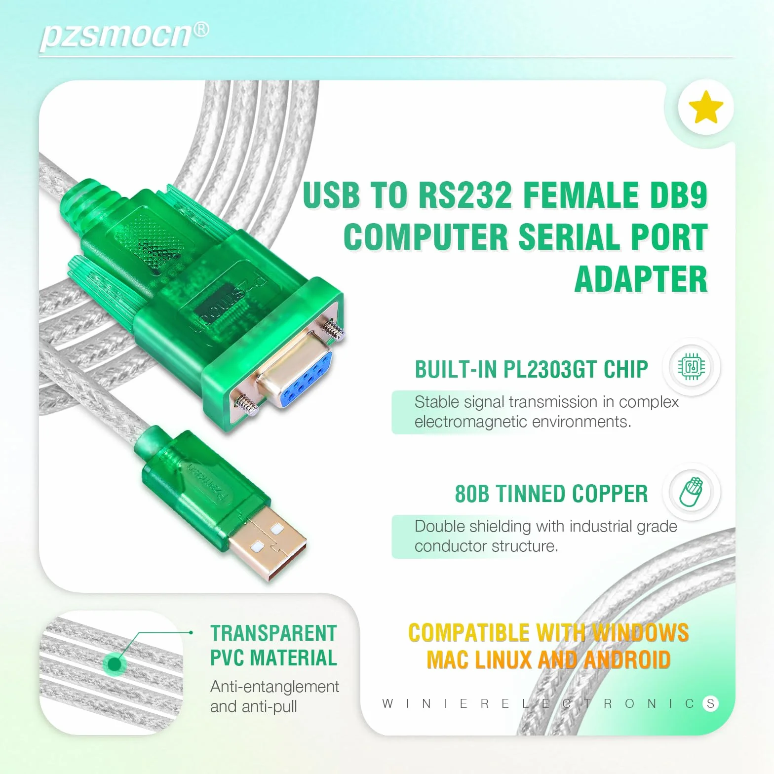 Kabel adaptera USB na RS232 żeński DB9 komputer port szeregowy 1,8 m, z chipem PL2303GT, kompatybilny z Windows, Mac, Linux, Android.