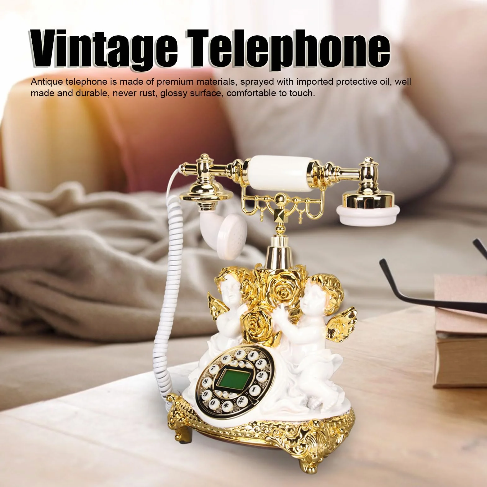 POENVFPO Telefon Stacjonarny w Stylu Retro z Wyświetlaczem LCD Trwały, Zabytkowy Telefon do Dekoracji Domowego Biura, Hotele z żywicy Galwanicznej Star (MS‑8334B, złoty)