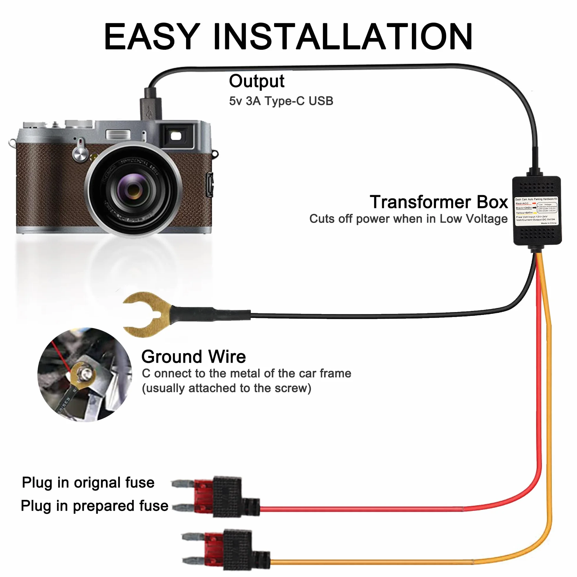 MEIRIYFA Zestaw kamery samochodowej ACC Hardwire, USB typu C Hardwire Dashcam Kit Step-Down kabel, 12 V-24 V do DC 5 V 3 A przewód zasilający ładowarki samochodowej - 3,5 m