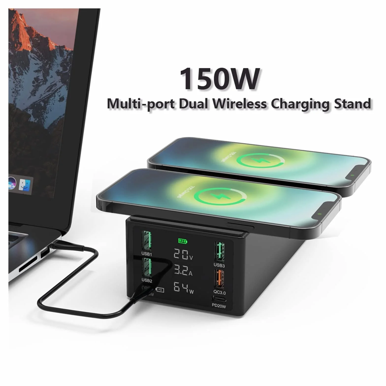 Wielofunkcyjna ładowarka USB, Stacja ładująca USB o mocy 150 W Podwójna bezprzewodowa ładowarka 6 portów typu C QC3.0 PD 65 W Szybka ładowarka USB Ładowarka do telefonu(Nero)