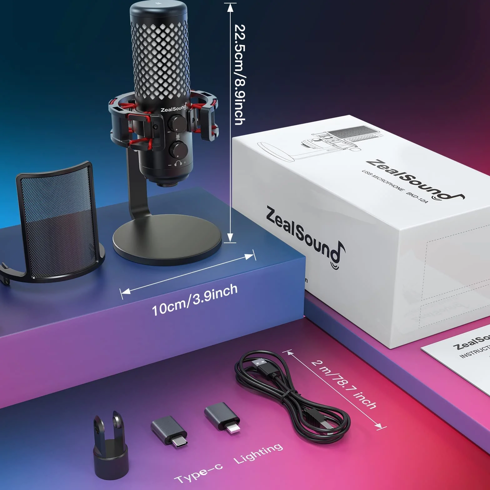 zealsound Mikrofon do gier, mikrofon pojemnościowy RGB USB do PS4 i 5, PC SMARTFOE, z adapterem Lightning i typu C, filtr pop, pokrętło wzmocnienia do podcastów, strumieniowania, nagrywania, konstrukcji w całości metalowej, BKD12A