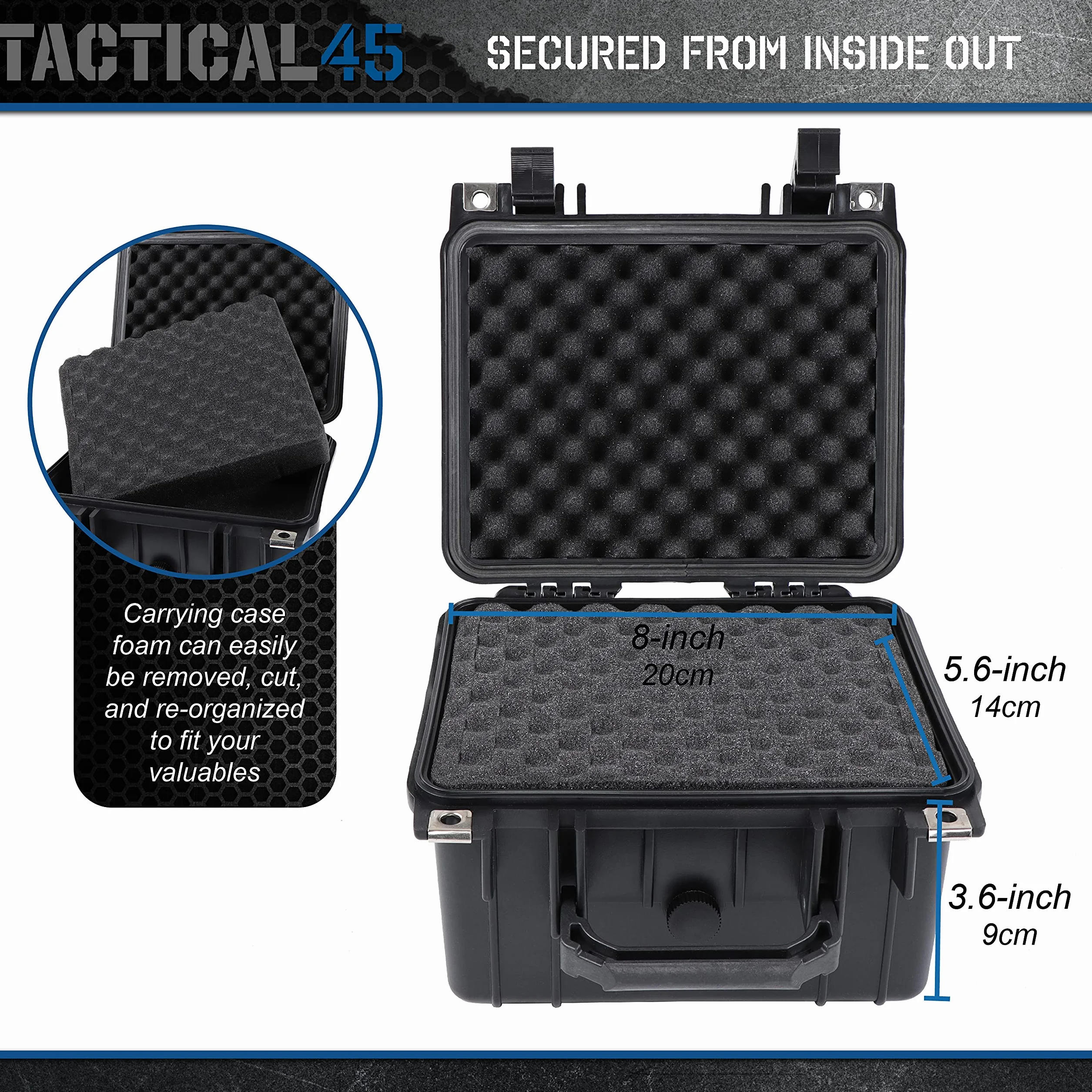 Tactical45 Plastikowa obudowa z piankową czarną twardą torbą do przenoszenia 27 x 25 x 15 cm wyściełana obudowa na sprzęt aparatu i narzędzia