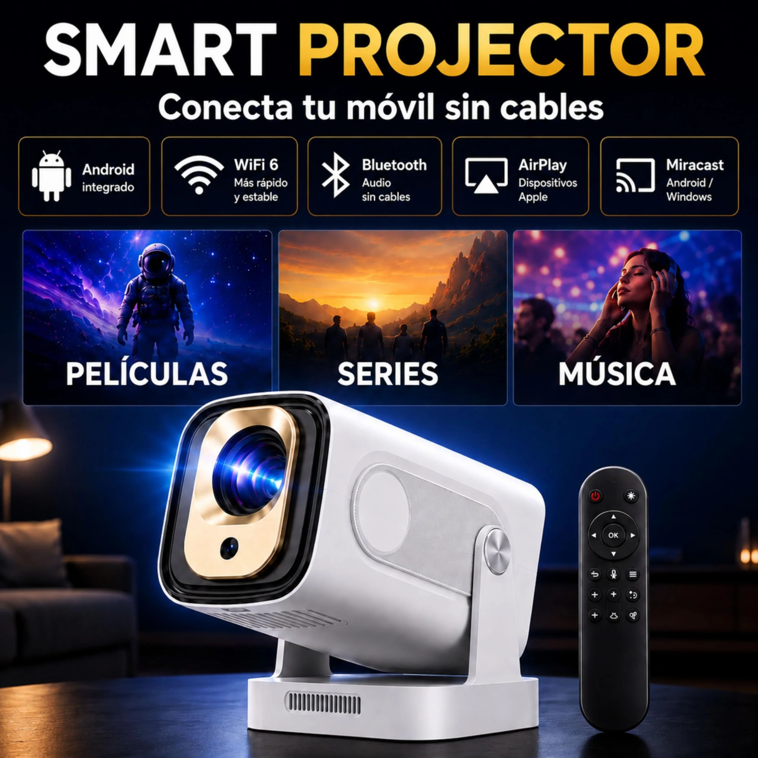 Przenośny mini projektor 1080p z obsługą 4K - Ulepszona wersja 2026 - Projektor telewizyjny - Projektor Portable - Android 11 Auto Focus - Projekcja do 130 cali - Obrót o 180° dla dachu
