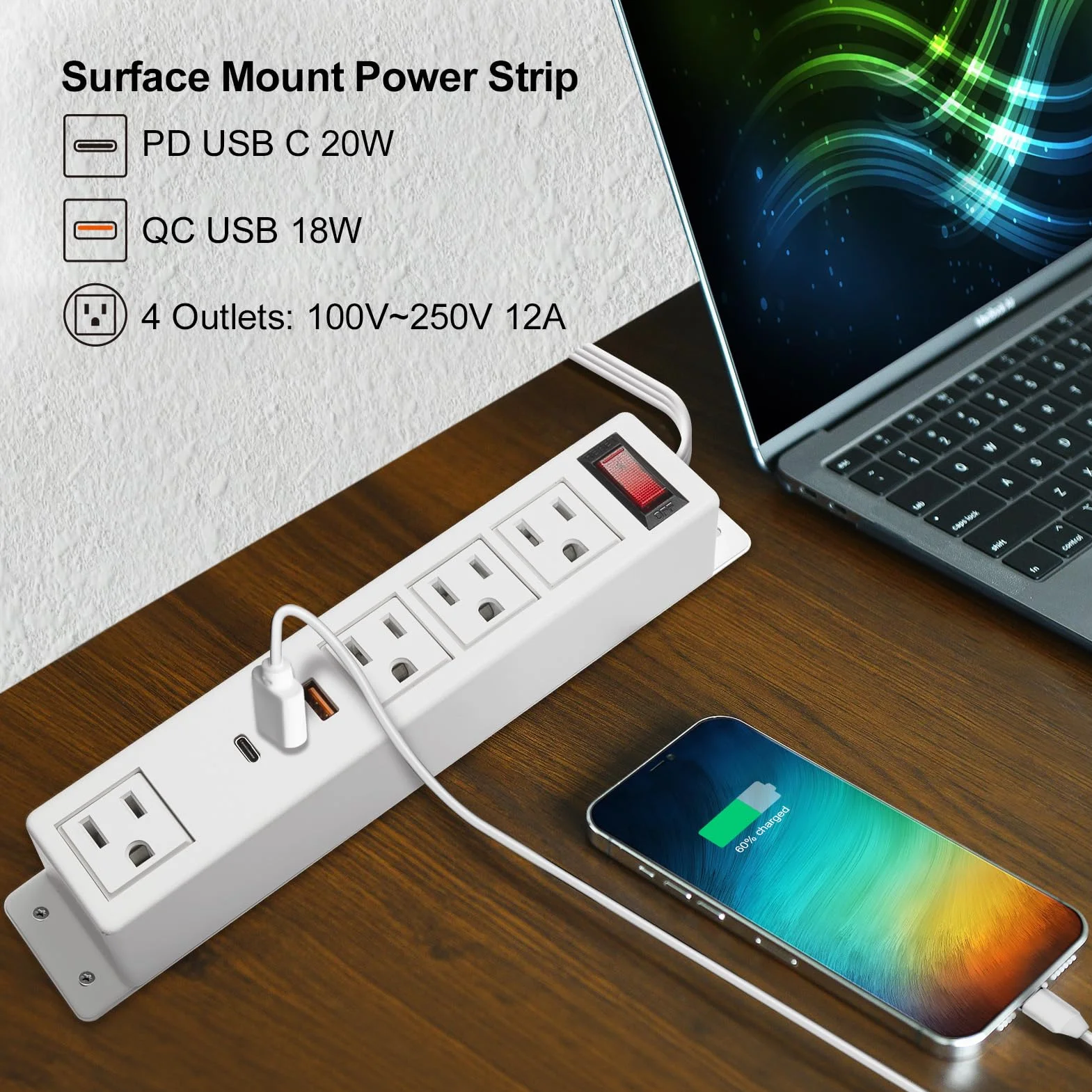20 W USB C Multi Outlet Wall Mount Computer Extension Cord 4 Outlets, 3 porty USB (2 QC USB-A i 1 PD USB-C) płaskie porty domowe,