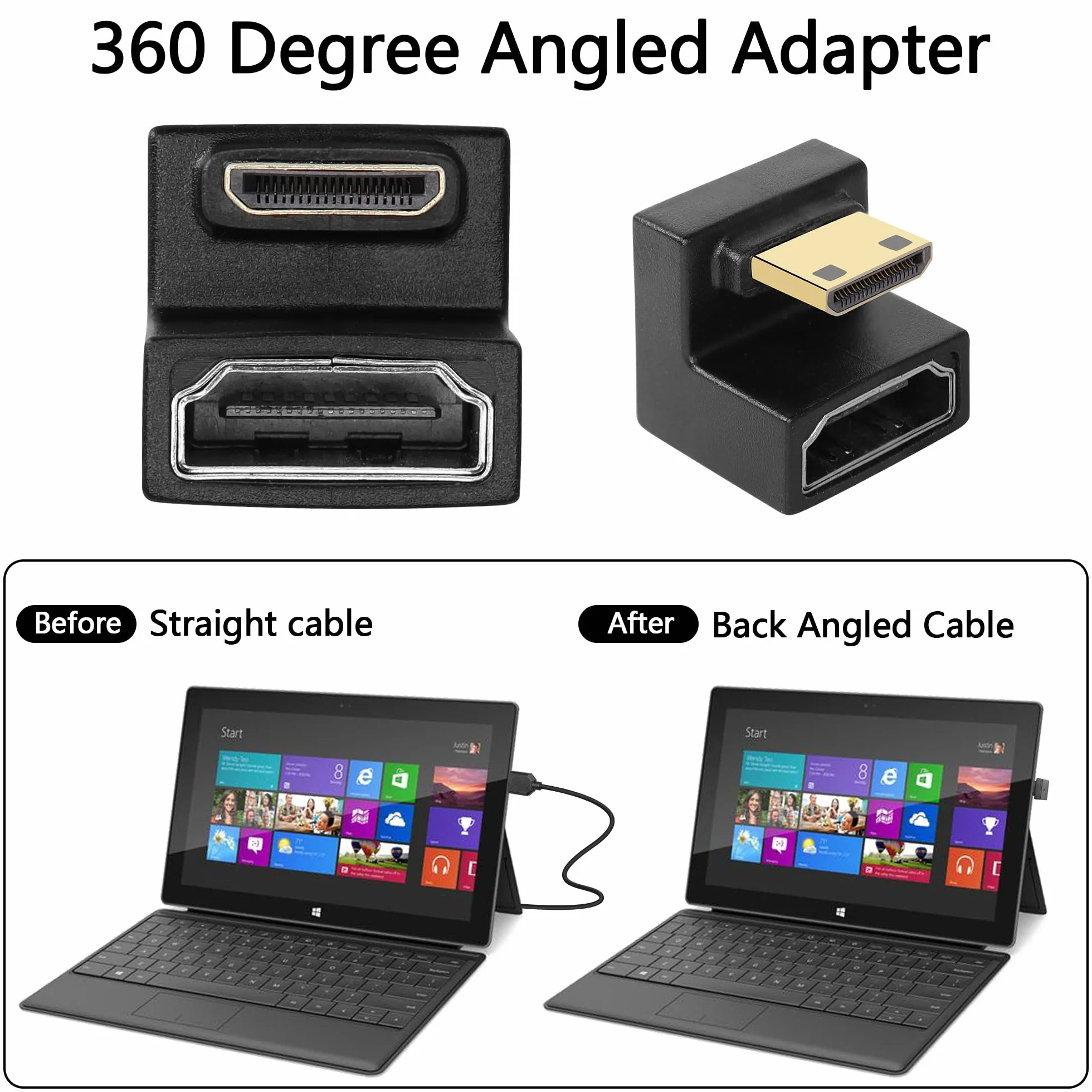 GINTOOYUN U Form Adapter Mini HDMI na HDMI 8K mini wtyczka do 180 stopni gniazda przedłużacz do aparatu, laptopa, tabletu, HDTV, projektora, 2 szt.