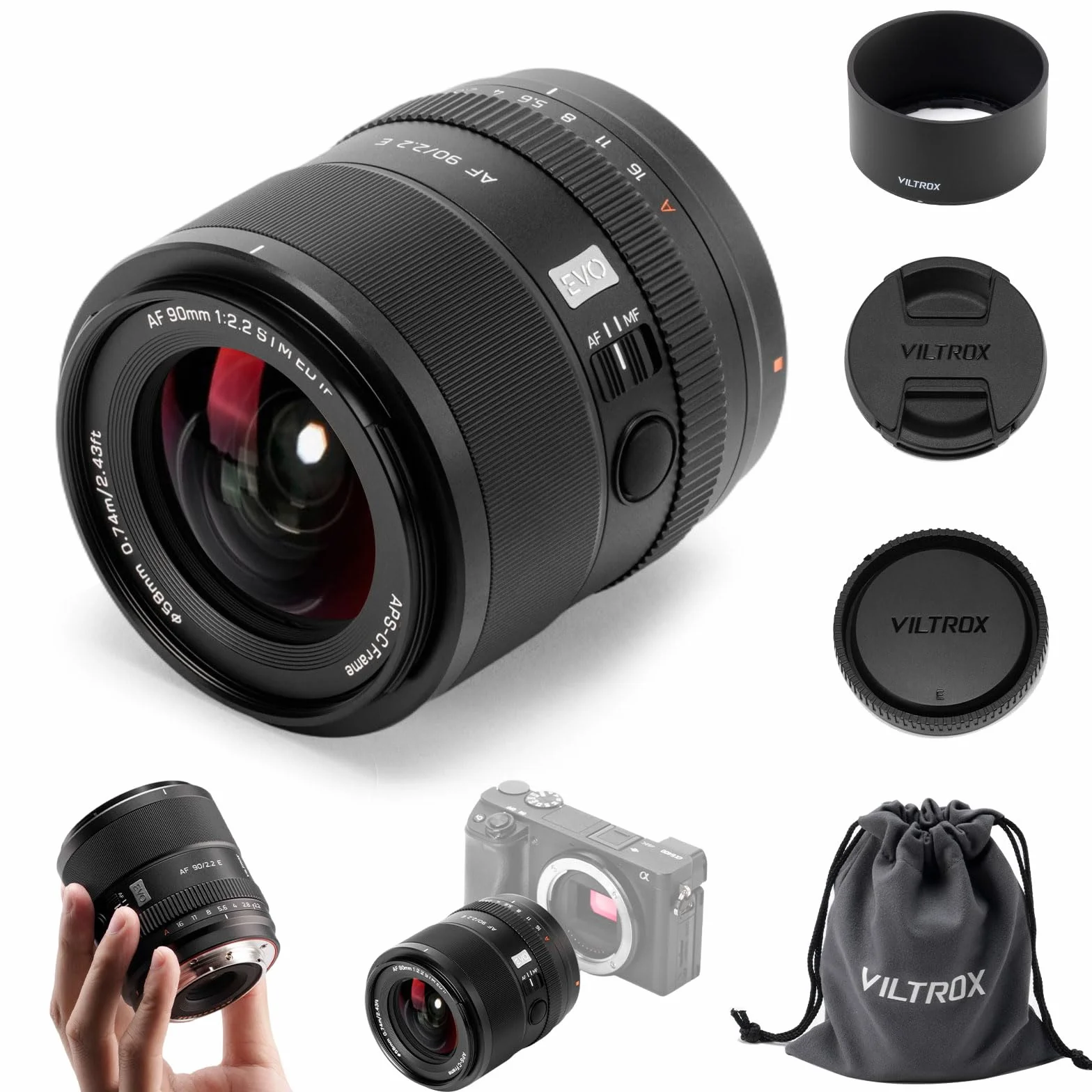 VILTROX Obiektyw do montażu aparatu 90 mm F2.2 Evo E do montażu szerokiego obiektywu APS-C z autofokusem do modeli Sony A93 A7CII ZVE1 A7RV FX3 A1 A7C ZV-E10II FX30 A6700 A6400