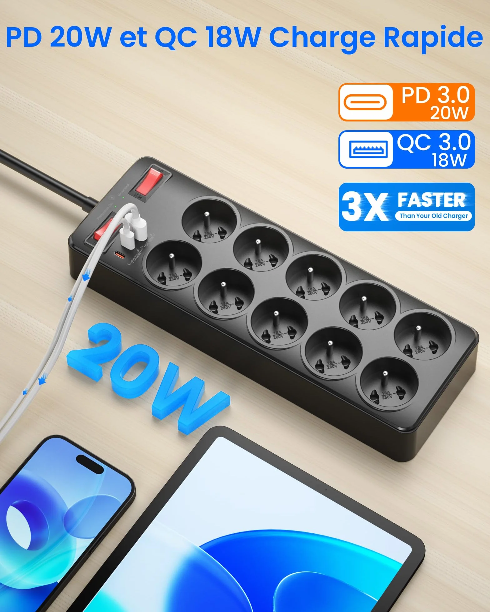 Listwa Zasilająca Przeciwprzepięciowa, Polskie 10 Gniazda z Masą 16A 2P+T | Listwa Zasilająca USB C z Wyłącznikami, Wielokrotne Gniazdo Wtyczka Schuko Typu E, Elektryczne Przedłużacz 2 M Kabel, Czarny