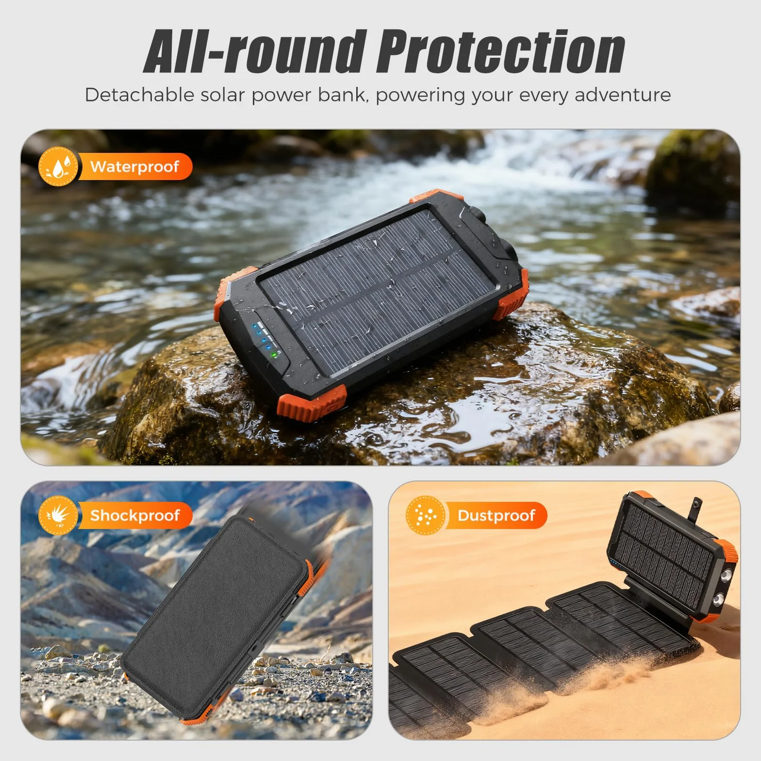 Solar Power Bank 20000mAh, przenośna ładowarka solarna, 5V/3A USB-C Fast Charge, 5W wireless, panel słoneczny 2W + korba ręczna, powerbank survival outdoor camping, LED SOS, USB-A/USB-C