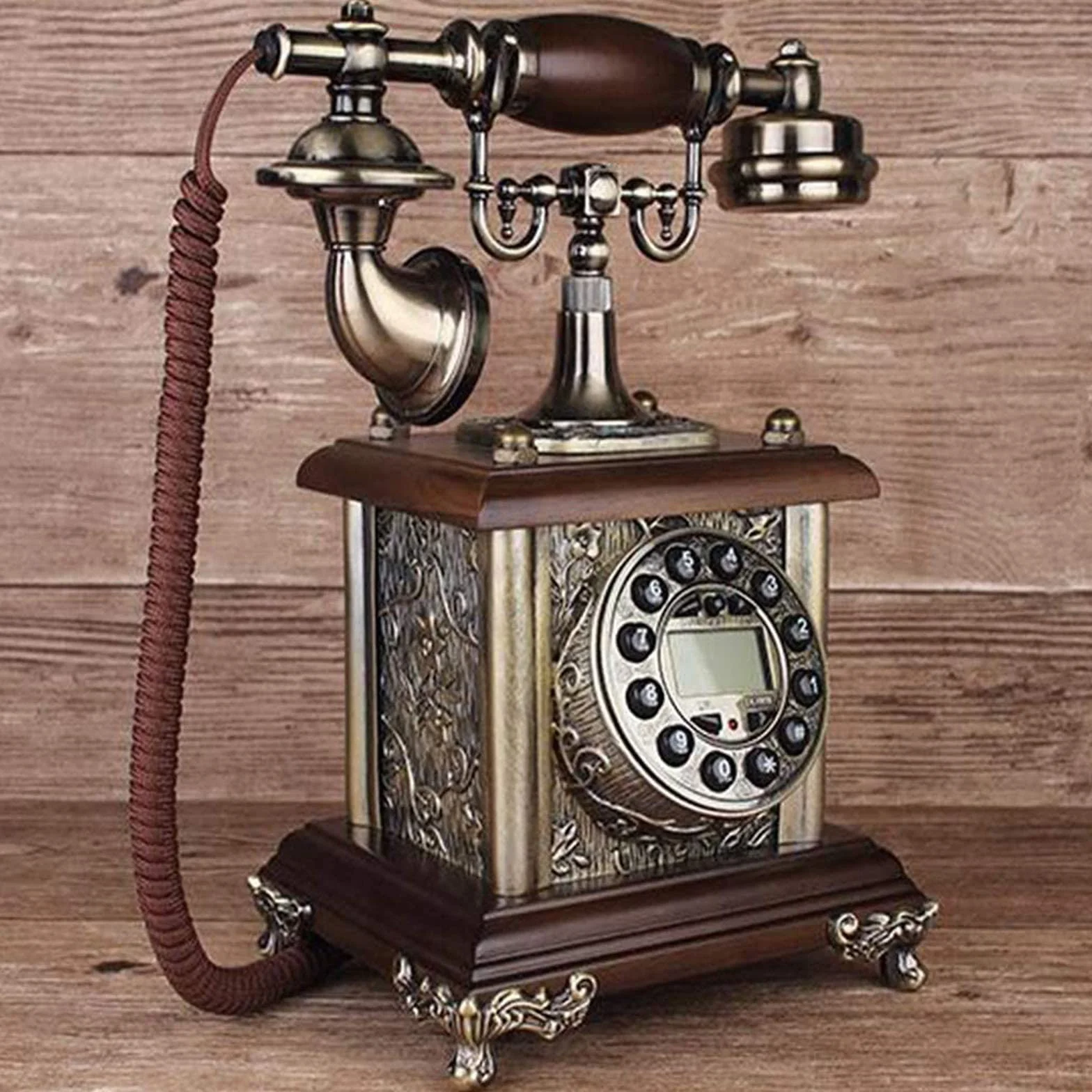 Przewodowy telefon stacjonarny w stylu retro – klasyczny vintage staromodny stół biurkowy w stylu obrotowym biuro domowe biuro spiralny przewód słuchawka z wybieraniem przycisków, standardowy telefon