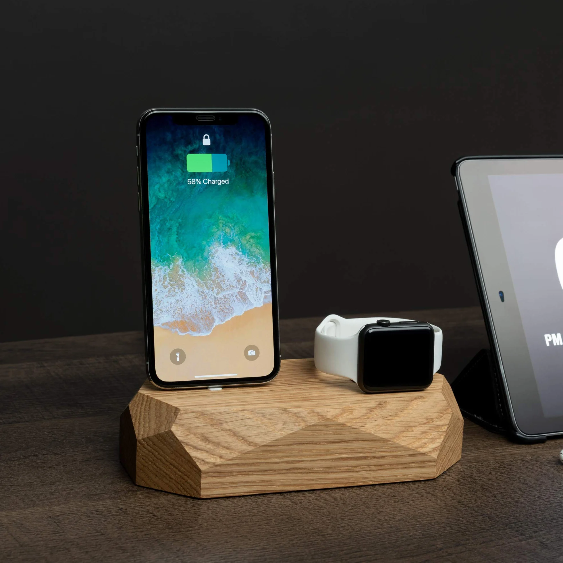 Oakywood - 2w1 Stacja dokująca z drewna kompatybilna z Apple Watch, kompatybilna z iPhone - Podwójna stacja ładująca, w zestawie 1 x złącze Lightning USB-A - Combo Dock - Dąb