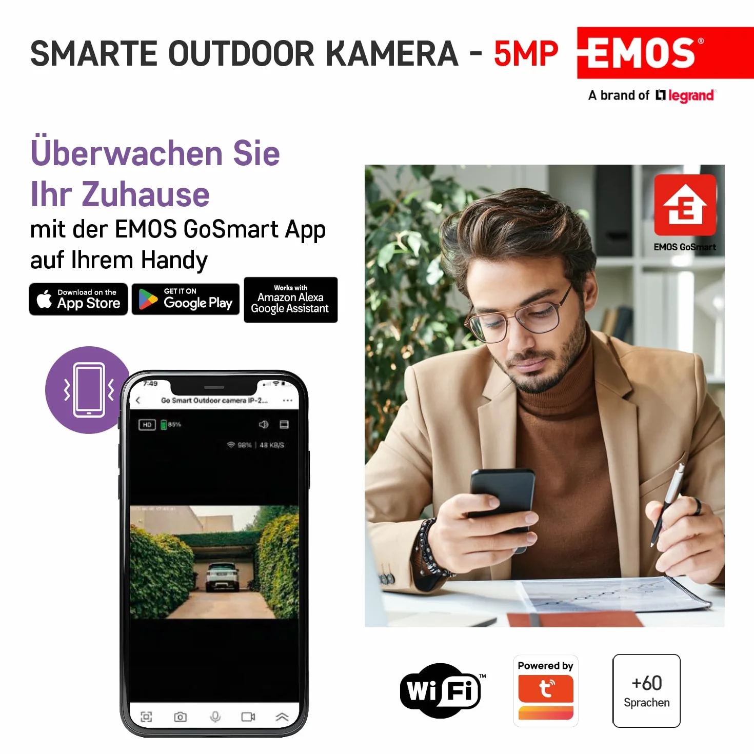 EMOS GoSmart kamera do monitoringu wewnątrz i na zewnątrz, 5 MP, uniwersalna kamera WLAN IP z aplikacją, wykrywanie ruchu, widoczność w nocy, akumulator, kompatybilna z Google Assistant i Alexa -