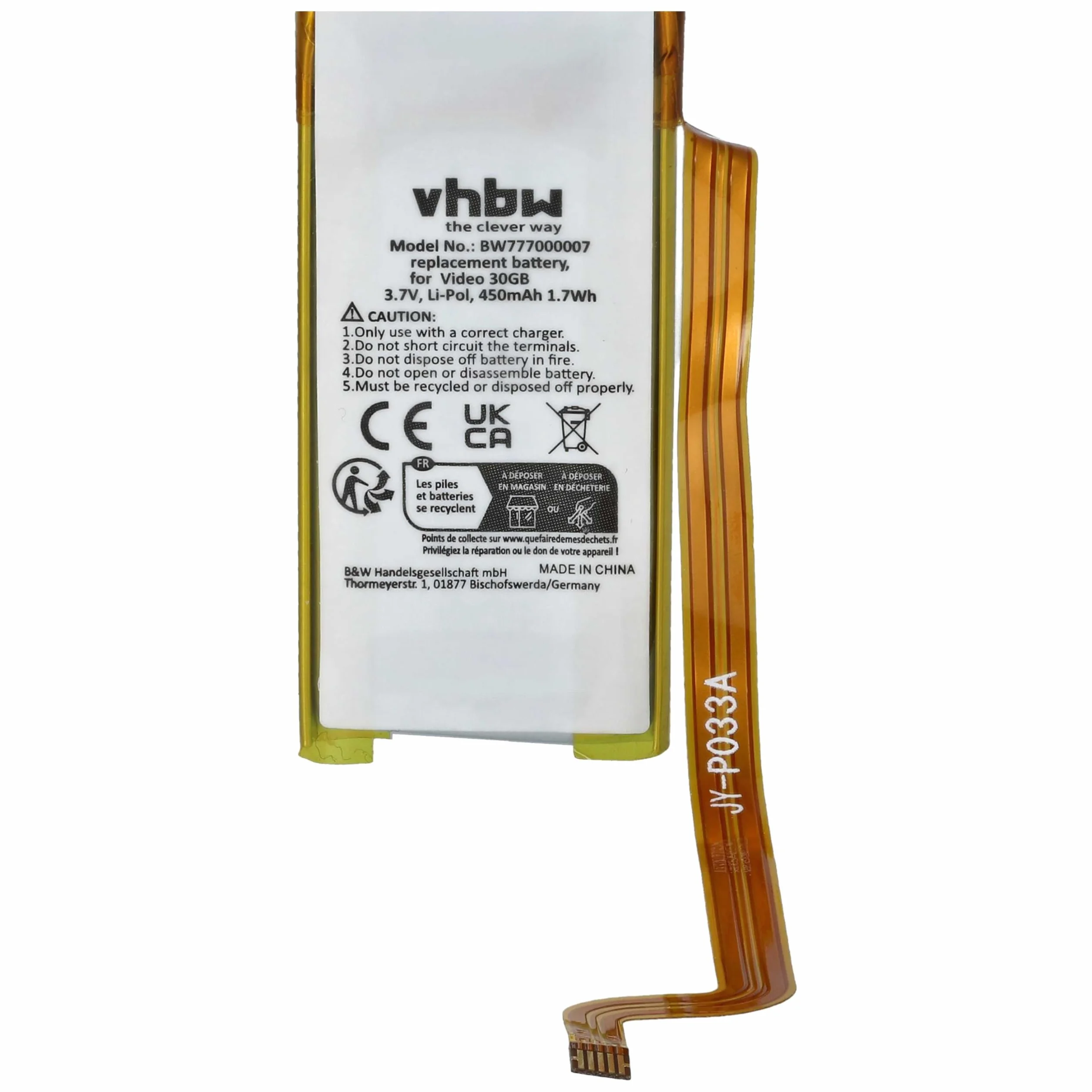 vhbw Bateria kompatybilna z Apple iPod MA002X/A, A1036, G5 30 GB, MA002CH/A odtwarzacz MP3 (450 mAh, 3,7 V, litowo-polimerowy)