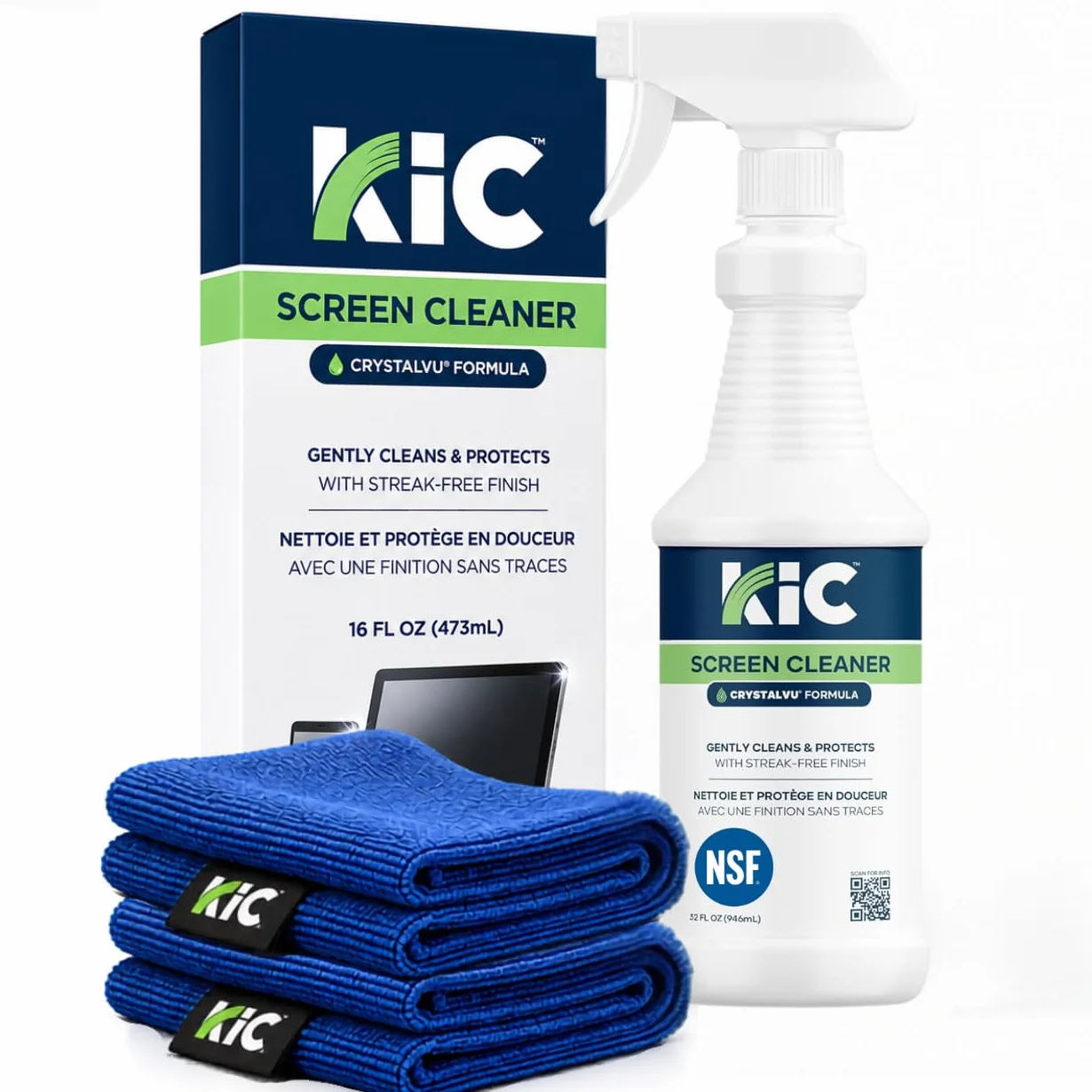 KICTeam Zestaw do czyszczenia mgły do ekranu dotykowego CrystalVu – butelka z rozpylaczem 900 ml z 2 chusteczkami z mikrofibry do czyszczenia ekranów komputerów, bankomatów, samokontroli, urządzeń