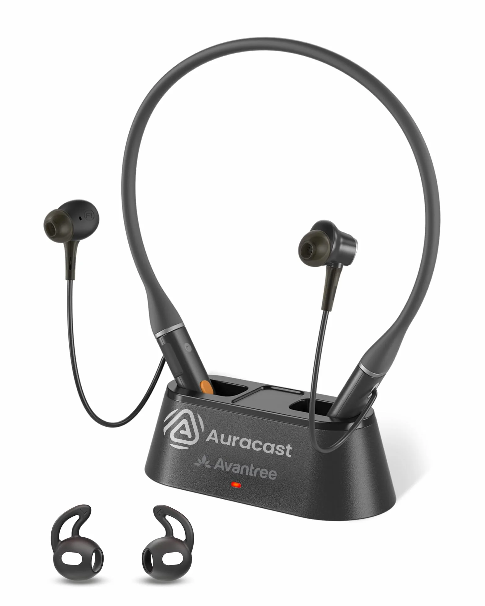 Avantree Loop Dock – Słuchawki Bluetooth z pałąkiem na szyję i technologią Auracast, z stacją ładującą Drop-In, niską latencją, 3 trybami EQ z Voice Clear, komfortowe do TV, PC i telefonu.
