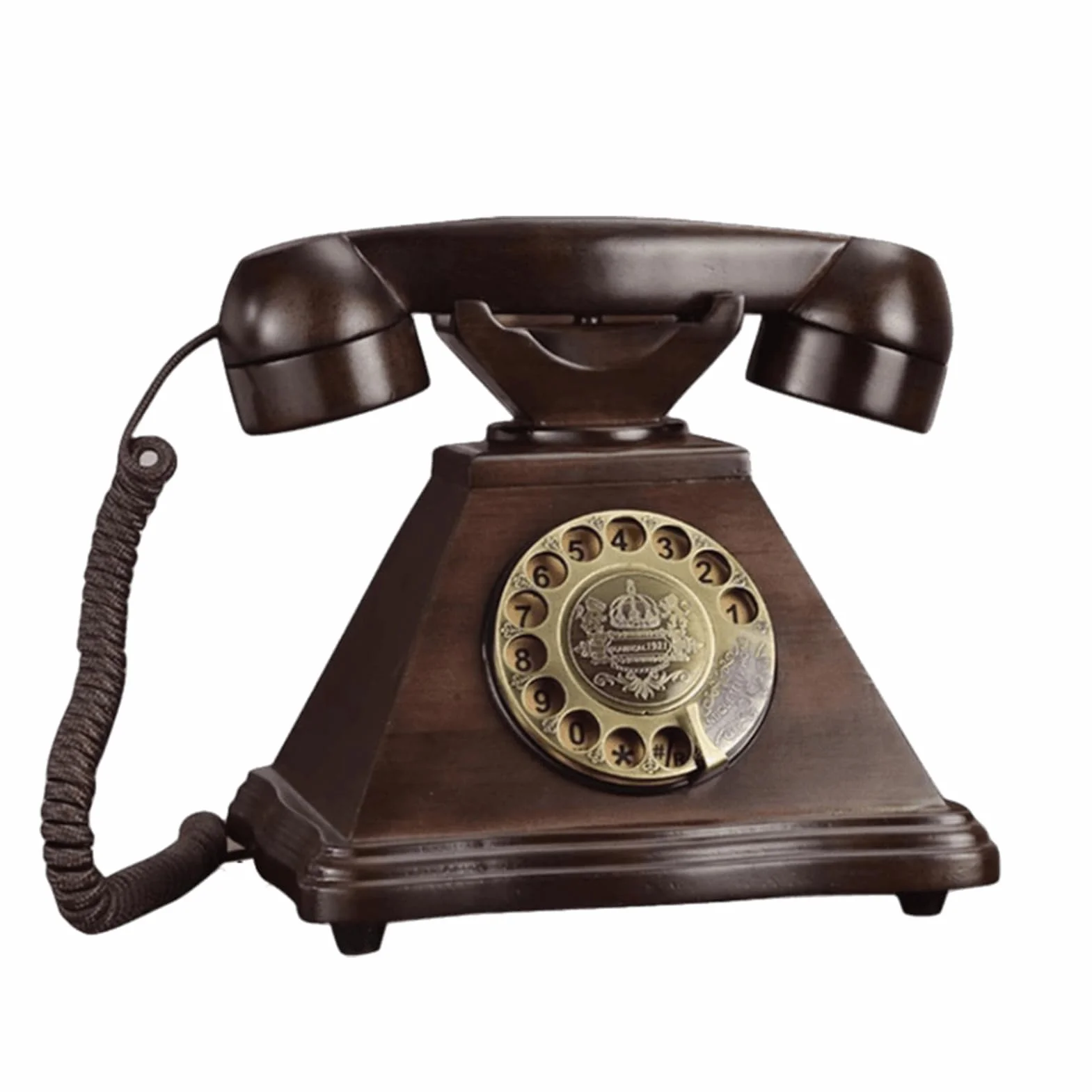 Retro przewodowy telefon stacjonarny, zabytkowa tarcza obrotowa, zabytkowy telefon stacjonarny z litego drewna, stary dom z ponownym wybieraniem numeru