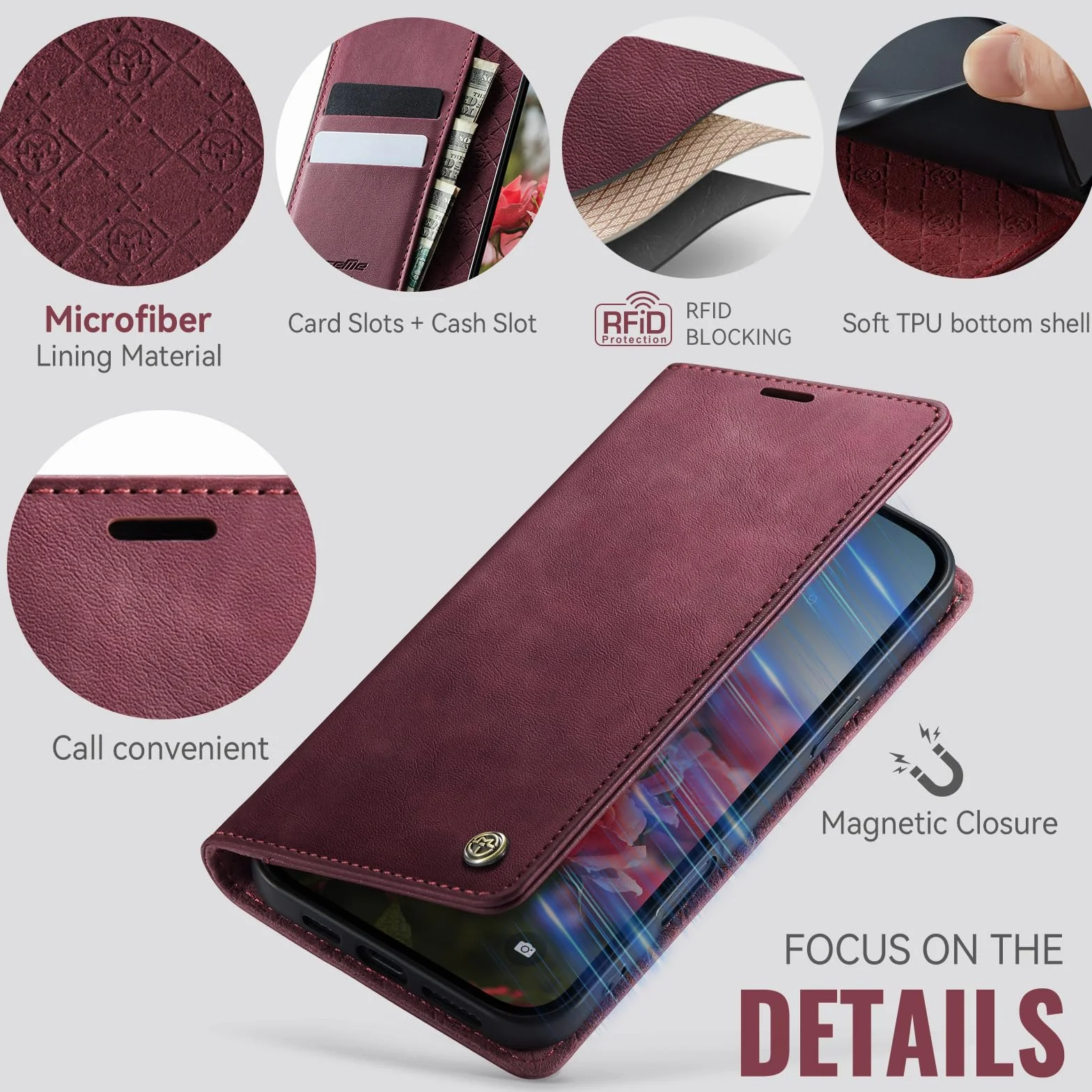Etui Portfelowe do iPhone 16 Pro z Klapką Etui ze Skóry PU Premium Portfel Przegródki na Karty Mgnetyczne Funkcja Stojaka, Blokada RFID, Etui na Telefon iPhone 16 Pro, Czerwony