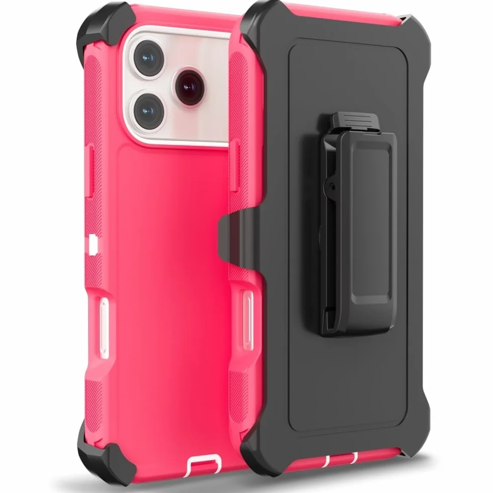 Generic etui kompatybilne z iPhone 15 Pro (kolor: biały plus gorący róż) potrójna warstwa twardy tył twardy silikon do uchwytu na klips