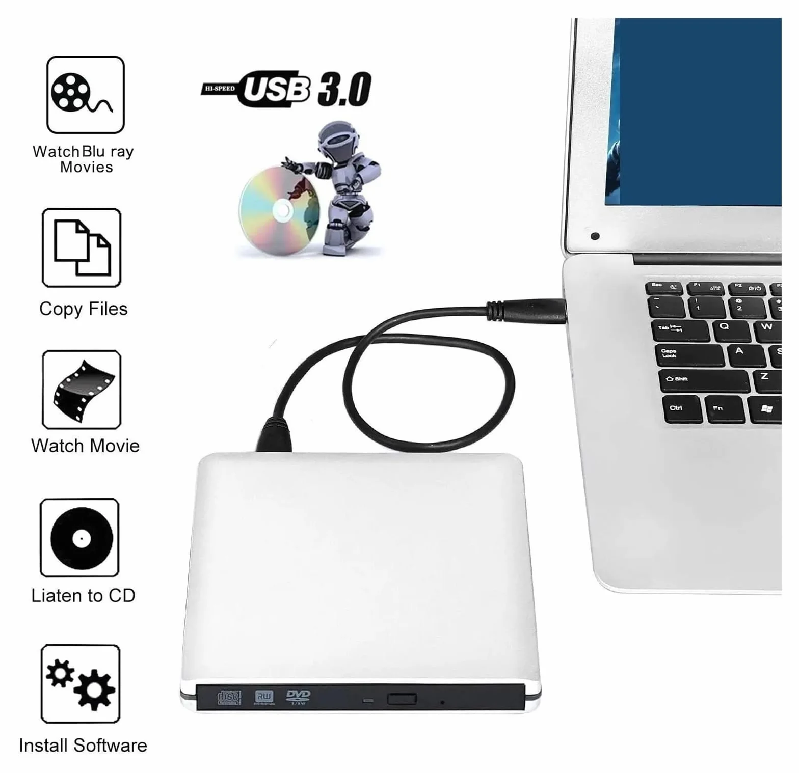 Odtwarzacz DVD, Ultracienki Zewnętrzny Napęd Blu-Ray 4K — USB3.0 Nagrywarka 3D Czytnik Odtwarzacz CD/DVD