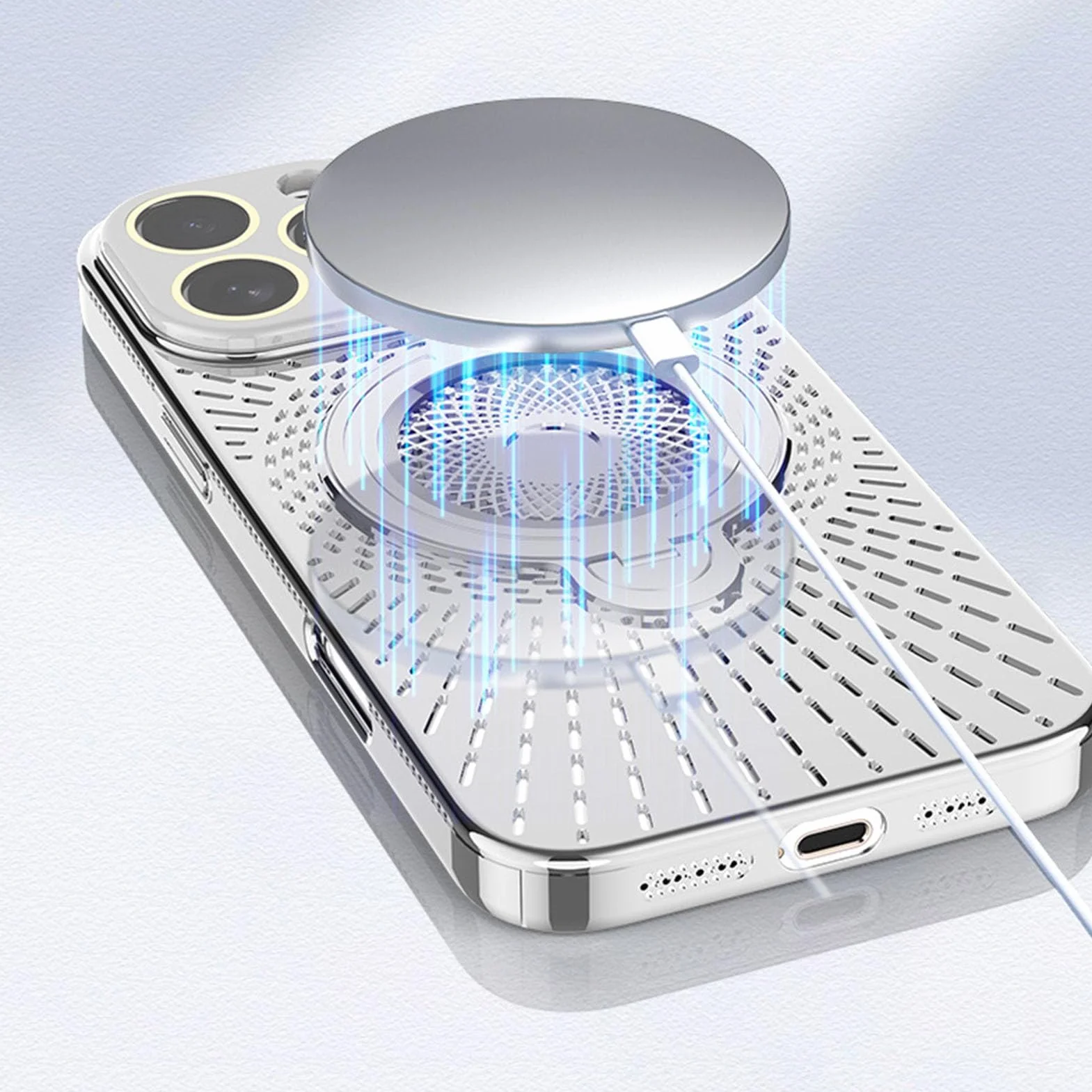 Magnetyczne etui z przyssawką do iPhone'a 16/16 Plus/16 Pro / 16 Pro Max, rozpraszanie ciepła, wentylowane, wydrążone etui na tył telefonu, obrotowy składany pierścień, 16pro max, srebrny