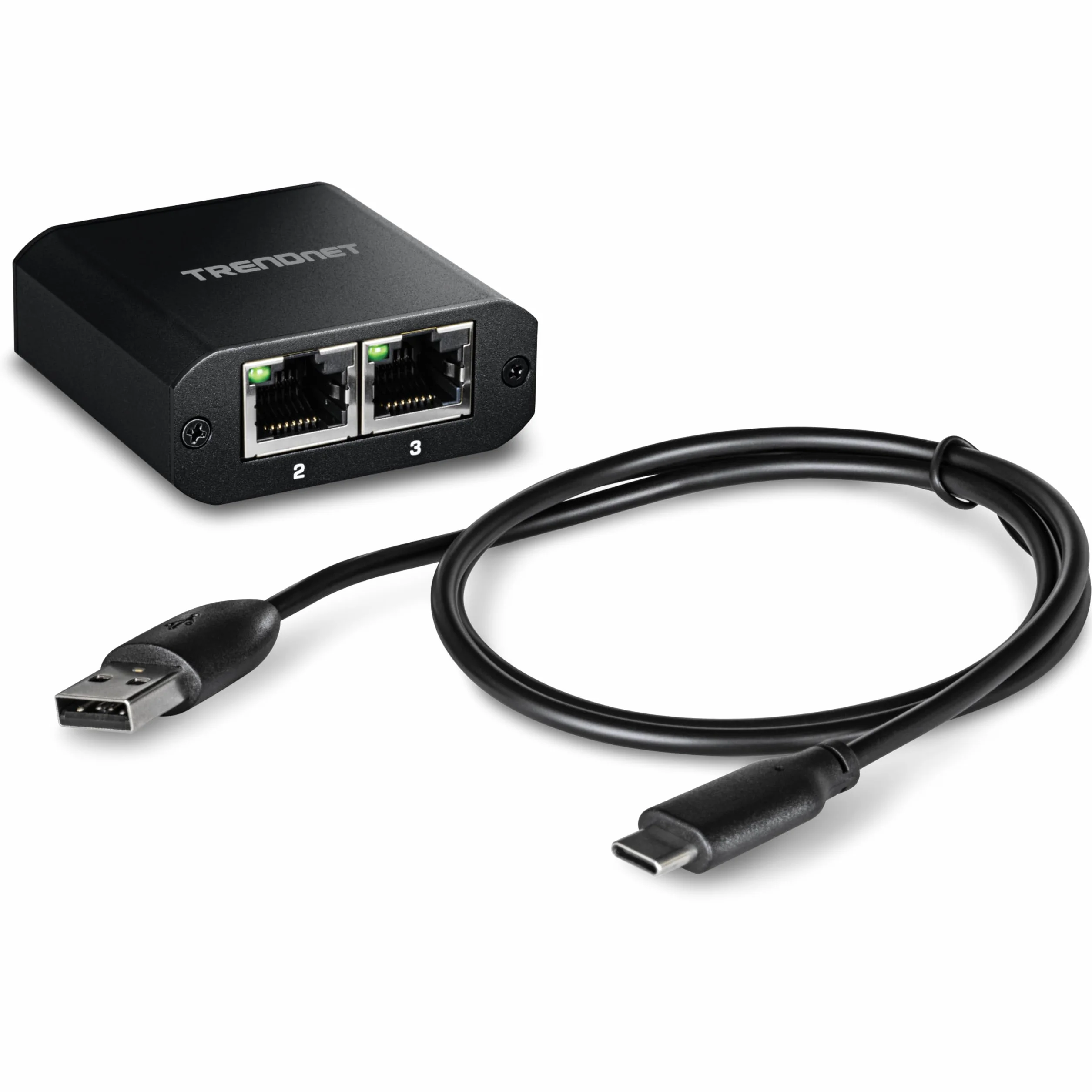 TRENDnet 2-portowy rozdzielacz gigabitowy z zasilaniem USB typu C, TEG-102S, dzieli jedno połączenie sieciowe na dwa, rozdzielacz Ethernet, kabel zasilający USB typu C w zestawie, zgodny z NDAA i TAA