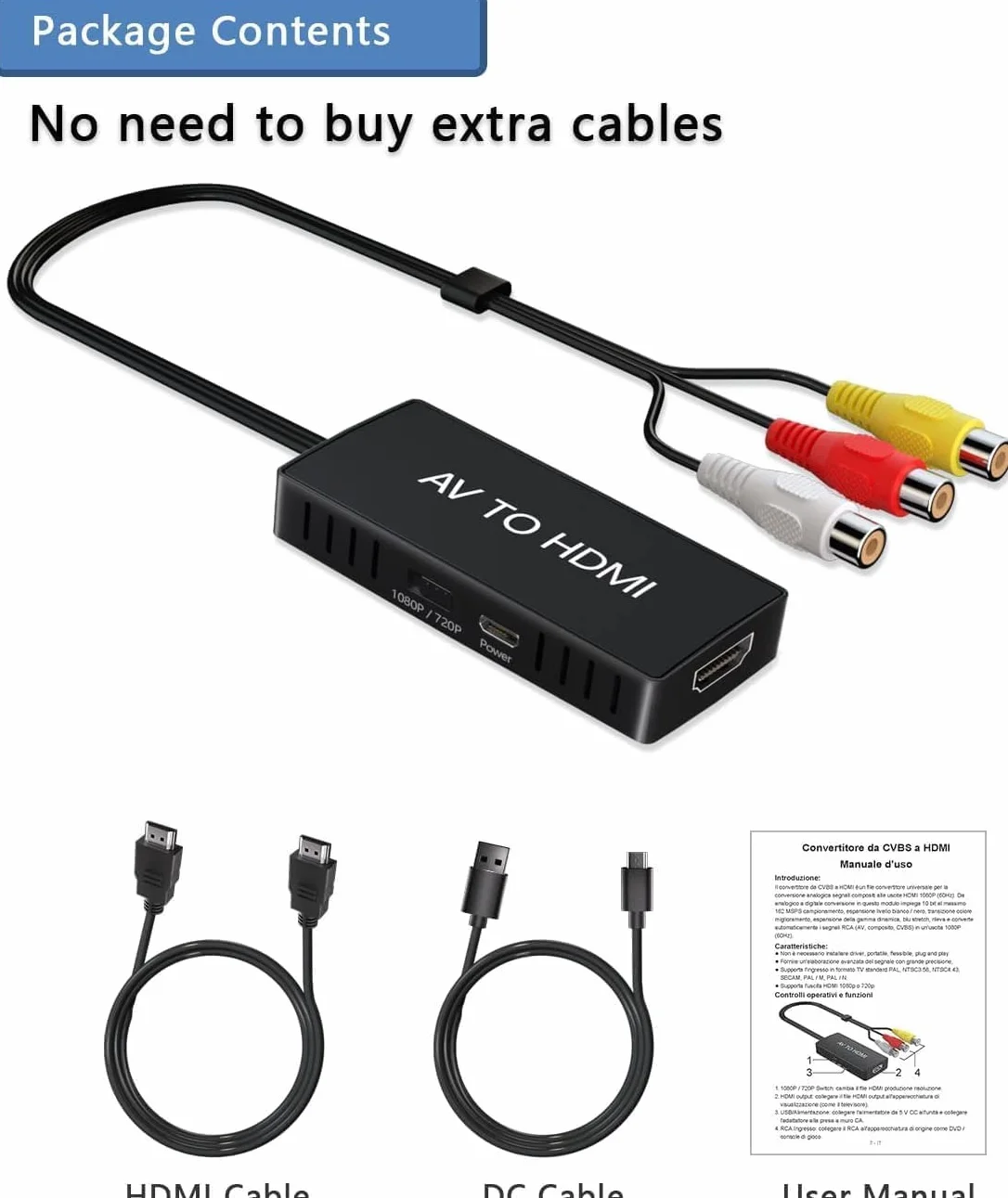 Konwerter RCA na HDMI, adapter AV na HDMI, 720P/1080P RCA Composite CVBS Adapter obsługuje PAL/NTSC do komputera, laptopa, telewizora, WII, Xbox, PS2, PS3, STB, VHS, VCR, odtwarzaczy DVD