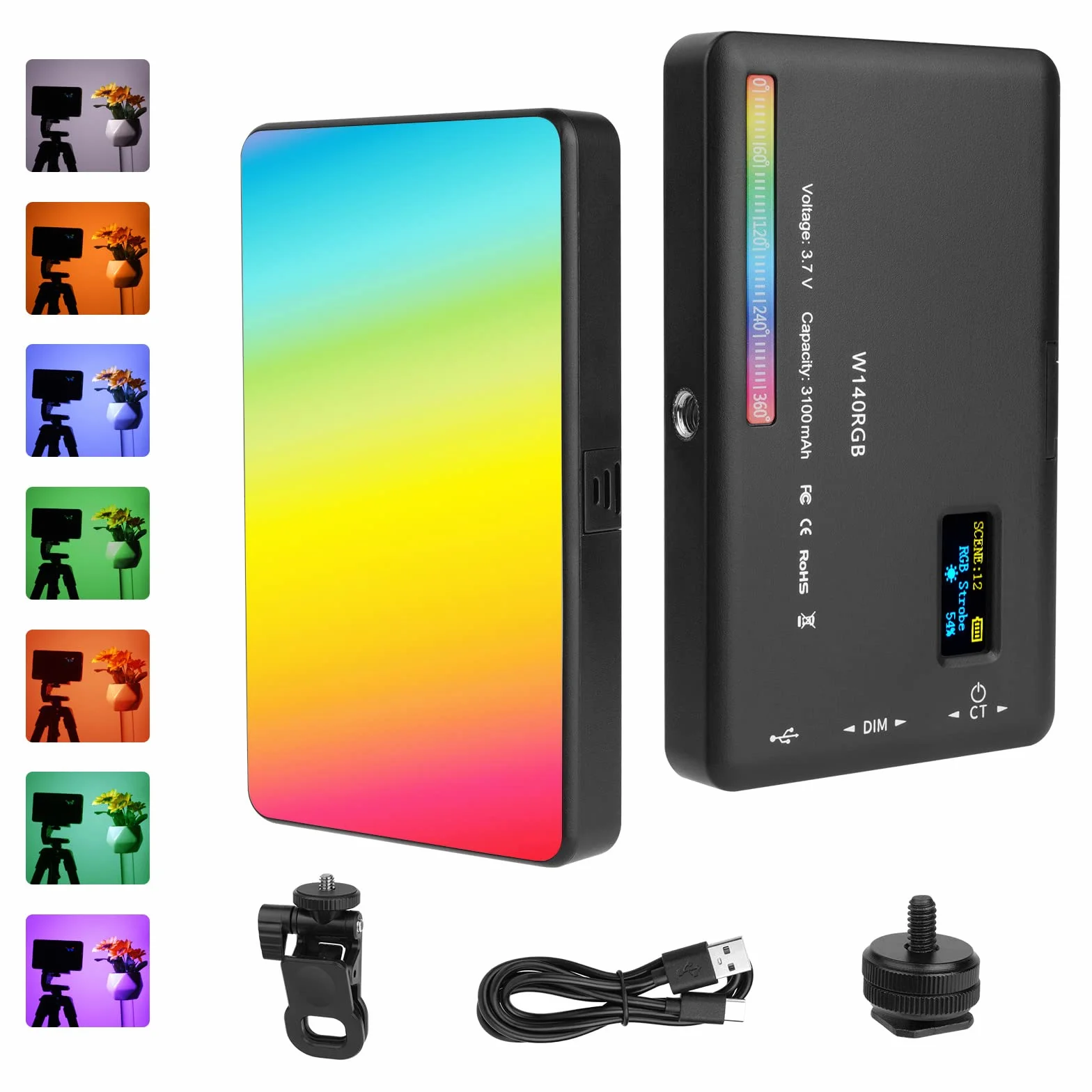 AXFEE Lampa wideo LED RGB, 5", światło wideo z możliwością ściemniania, 2500 K - 9000 K, z klipsem na telefon i uchwytem na zimne buty, wbudowany akumulator 3100 mAh, CRI 95+, światło do fotografii