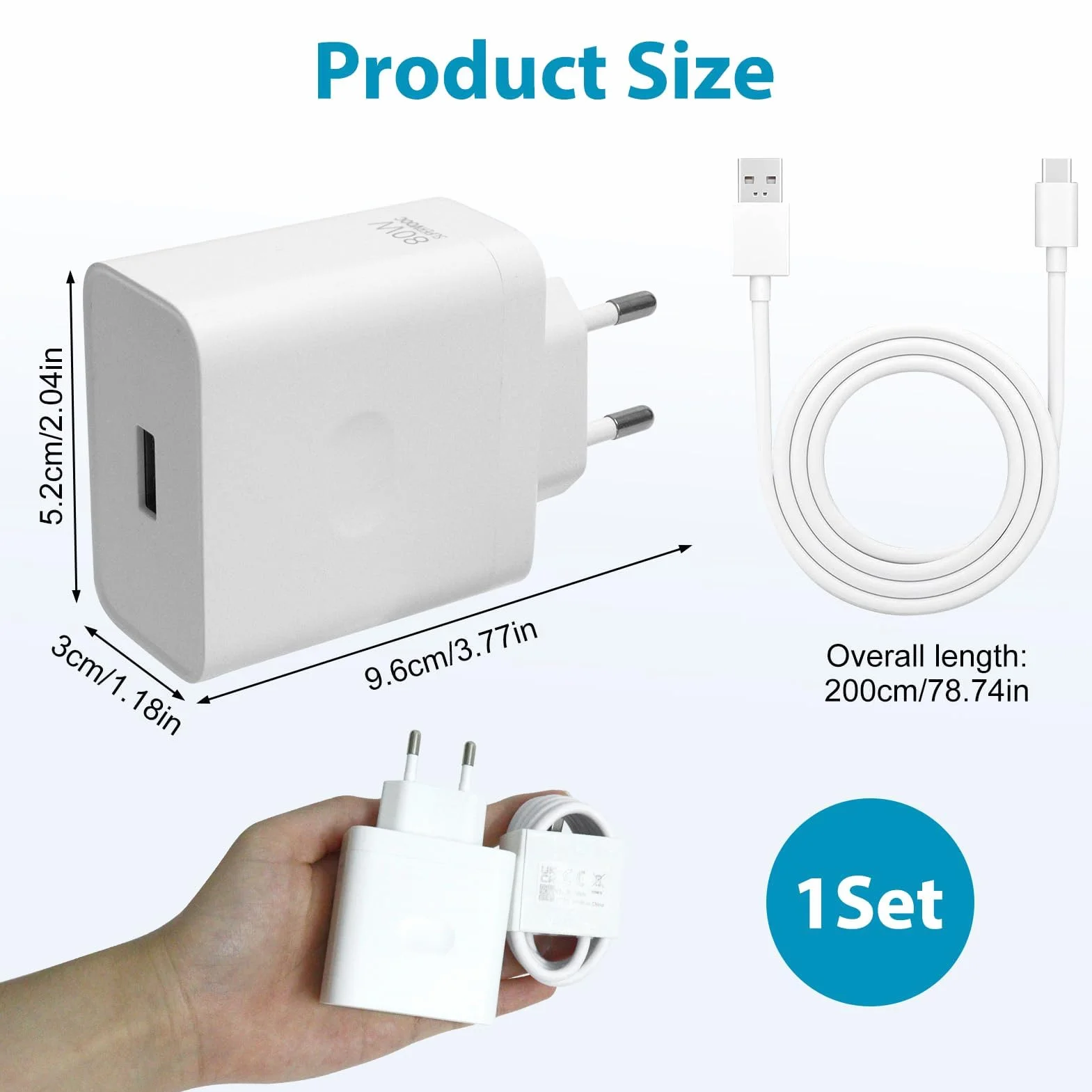 80W USB-C Ładowarka do Oppo Super-VOOC, ładowarka super-vooc z kablem USB-A na C do Oppo Find X7/X6/X5/X3/Reno 11/10/8/7/6 do OnePlus 11/10T Nord 2T/10 Pro do Realme GT/9 Pro