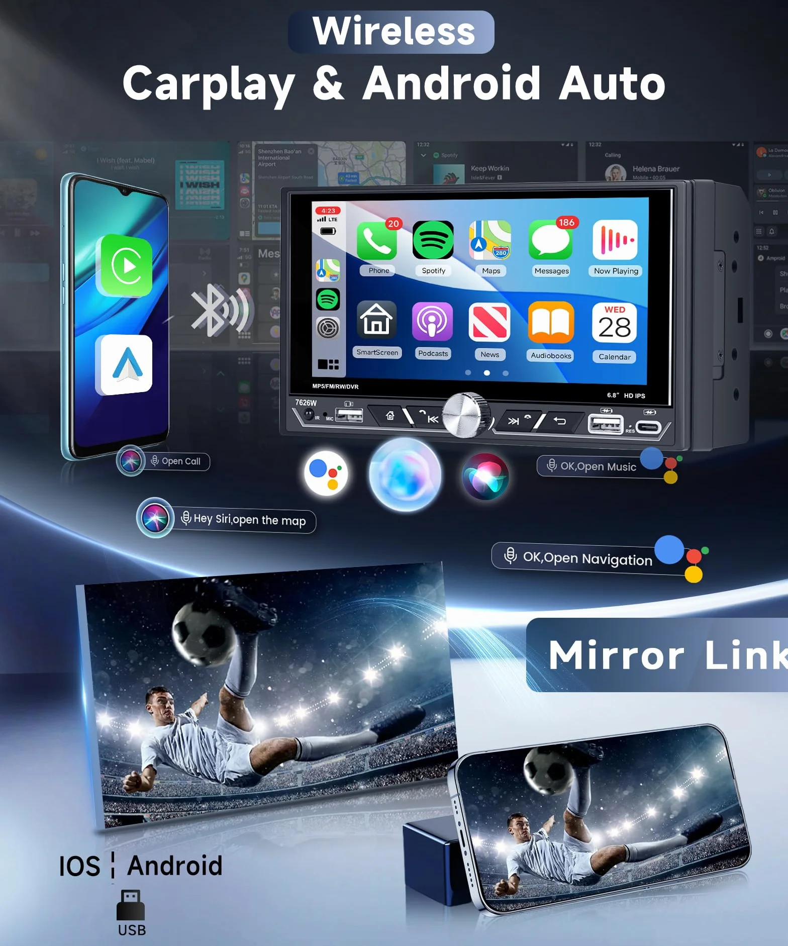 VECHTEL Radio samochodowe 2 Din z bezprzewodowym samochodem z funkcją Carplay z systemem Android, 6,8" IPS HD, ekran dotykowy stereo, samochody, obsługa Bluetooth 5.2 FM/AM/RDS 2USB / typ C Mirror