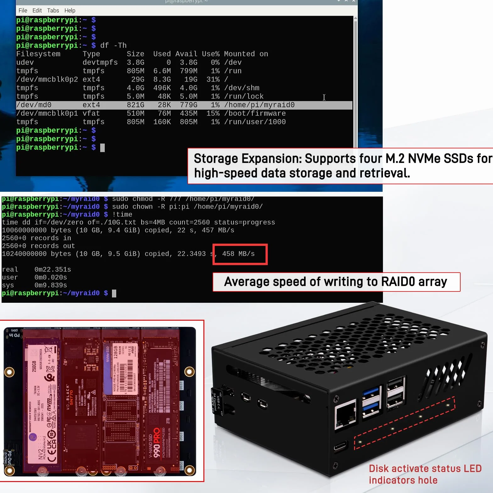 GeeekPi N16 Quad M.2 M-Key NVMe SSD HAT z metalową obudową i aktywnym chłodzeniem dla Raspberry Pi 5, obsługuje dyski SSD M.2 NVMe M-Key 2230/2242/2260/2280