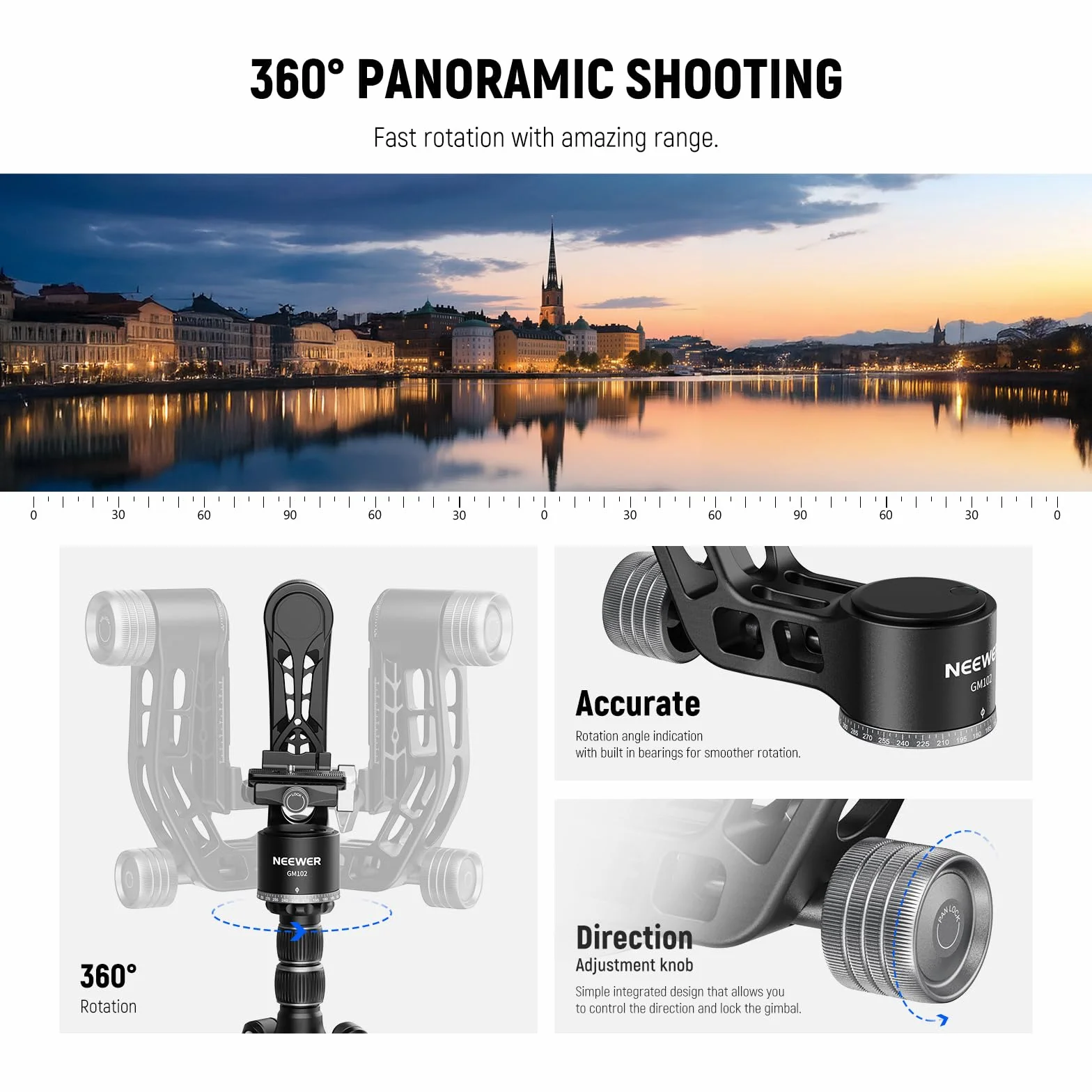 NEEWER GM102 Głowica gimbalowa do statywu monopod teleobiektywu, panoramiczna głowica statywu 360°, regulacja 3-osiowa, wytrzymały stop aluminium CNC, system szybkiego uwalniania typu Arca, maksymalne