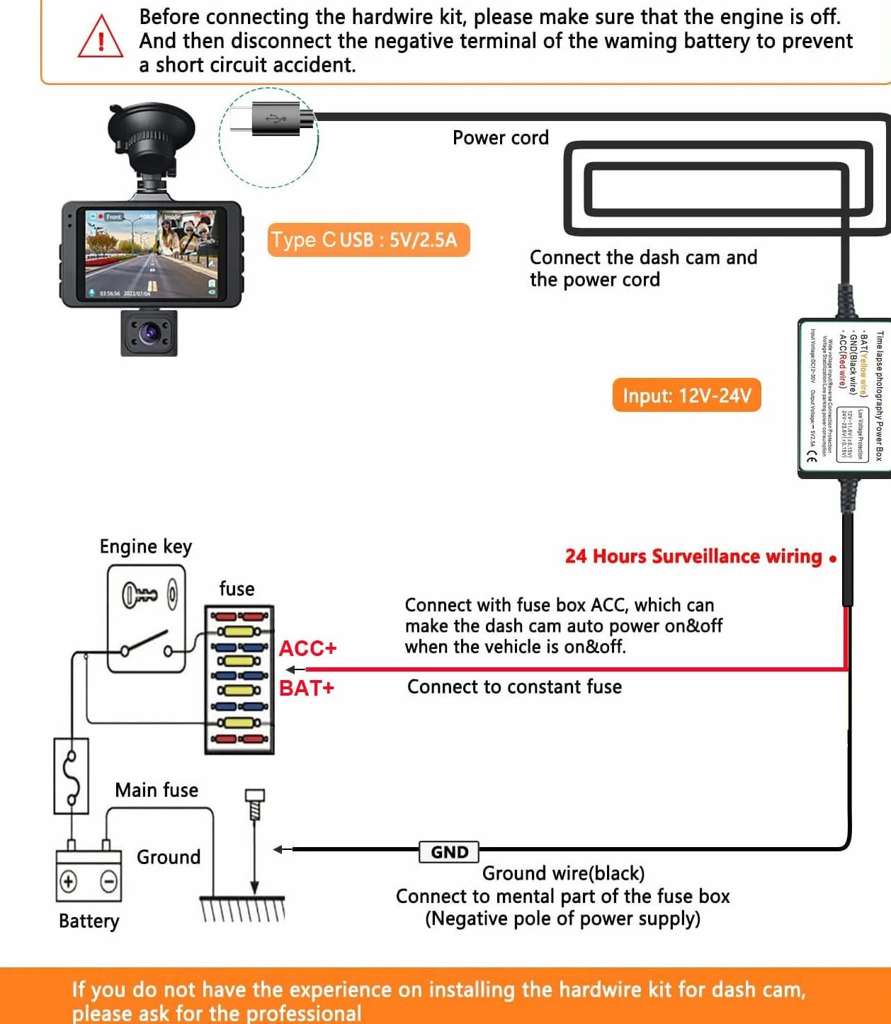 Gebildet Zestaw Przewodów do Kamery Samochodowej, Port Prostego złącza USB typu C, Zabezpieczenie przed Niskim Napięciem do Kamer Wideorejestracyjnych,12V do 24V DC do 5V/2.5A maks. z Bezpiecznikiem