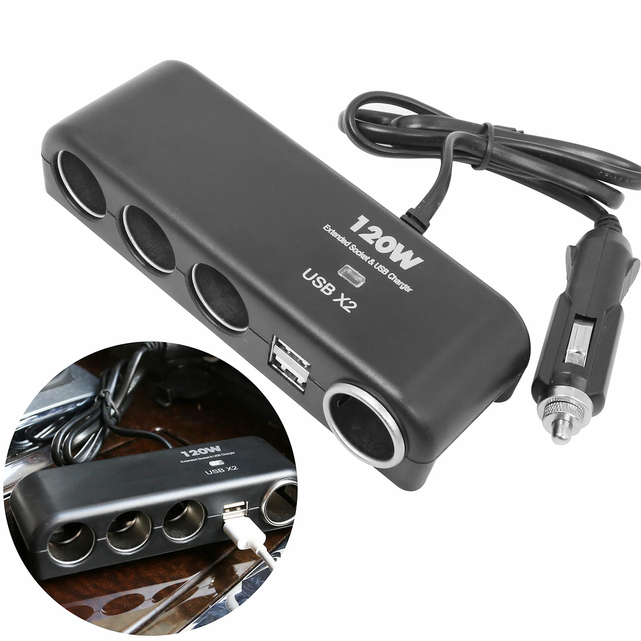 XINFENG 4-drożna ładowarka samochodowa, rozdzielacz, adapter sieciowy z gniazdem wielokrotnym, podwójne USB, 12 V-24 V, do iPhone'a, iPada, Samsung, GPS, kamery na deskę rozdzielczą