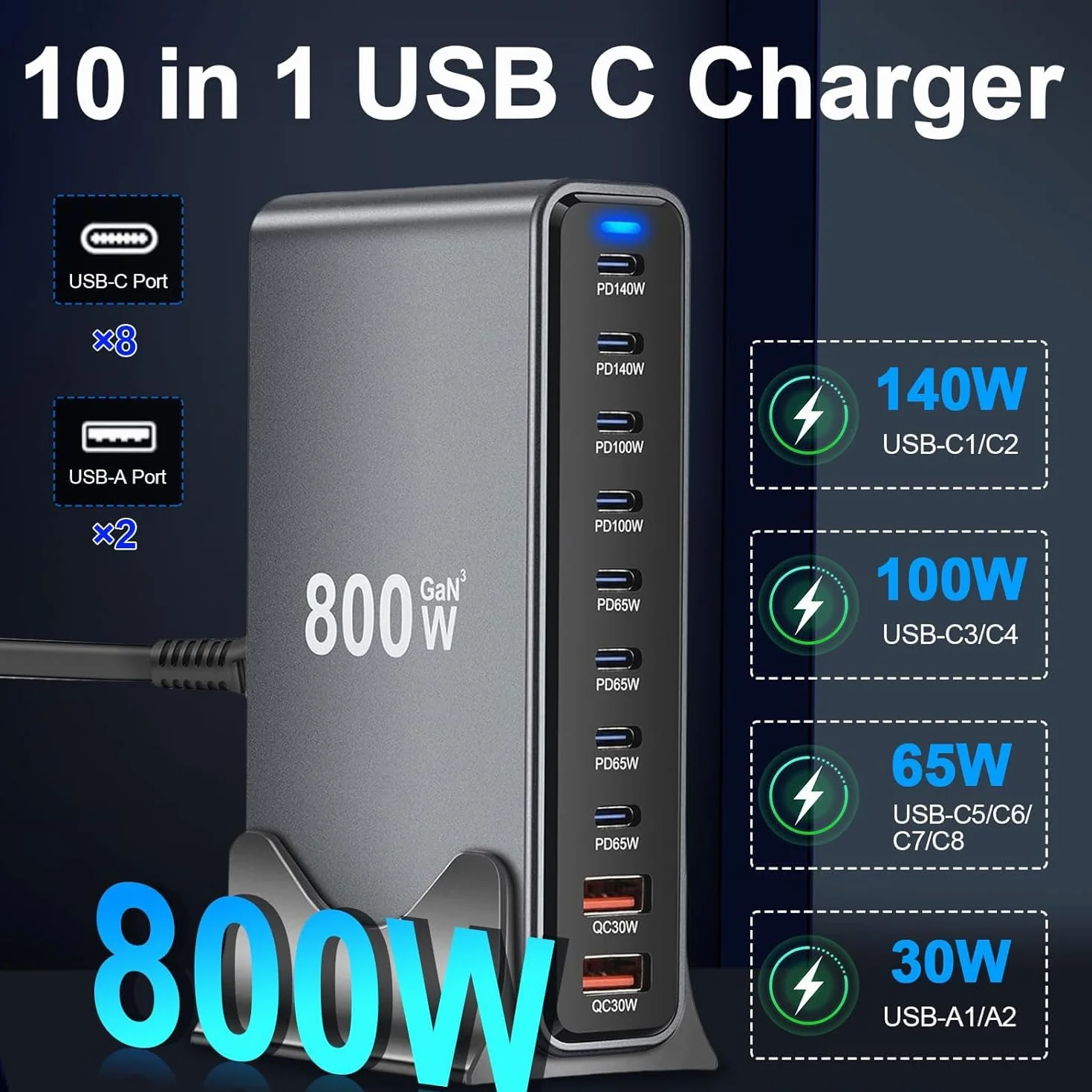 GaN III10 ładowarka USB C, 800 W, wiele portów USB, stacja ładująca 8 USB C i 2 USB A, szybka ładowarka, stacja ładująca, kompaktowa wielofunkcyjna ładowarka do laptopów (800 W + kabel do