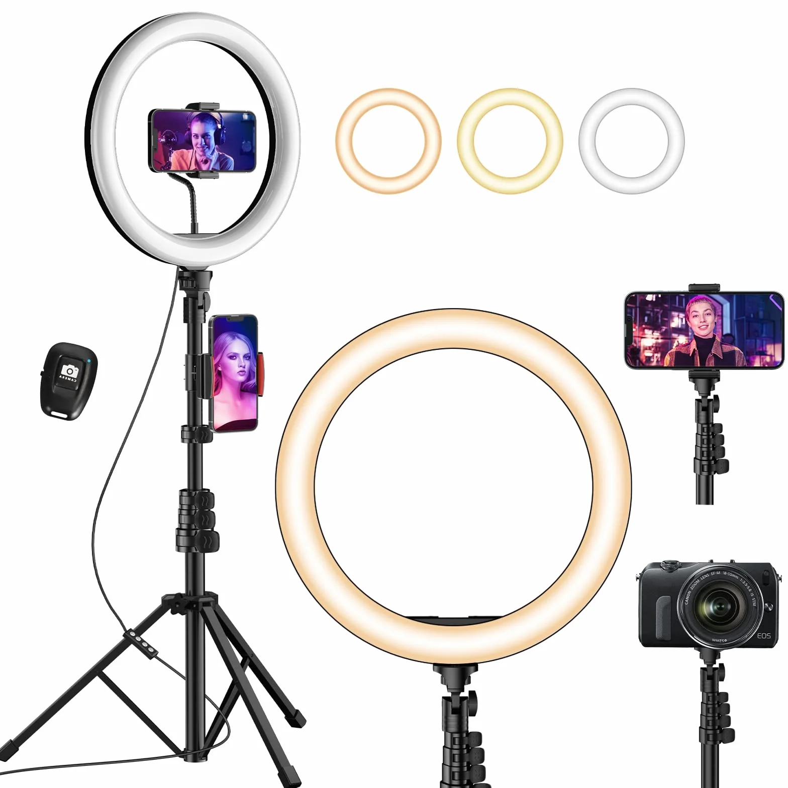 UPhitnis 12" pierścień światła, światło do selfie, 63" trójkątny uchwyt, 3 tryby oświetlenia LED z 10 jasności, do makijażu, fotografii, youtube i selfie wideo