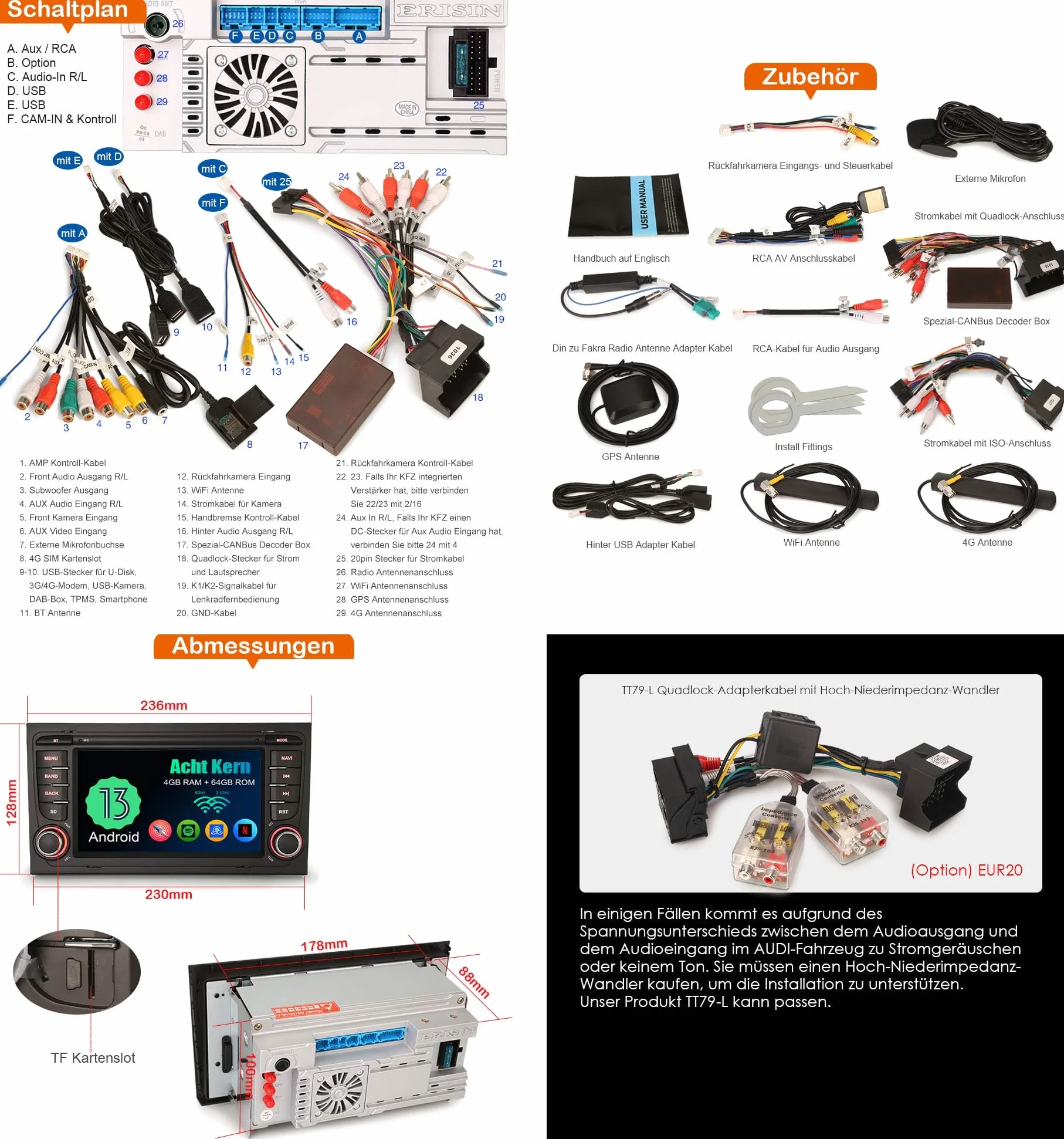 Erisin Android 13 ośmiordzeniowy 4 GB + 64 GB radio samochodowe do Audi A4 2002-2007 S4 RS4 B9 B7 RNS-E SEAT EXEO z nawigacją GPS, obsługuje bezprzewodowy CarPlay Android Auto WLAN 4G Bluetooth FM RDS