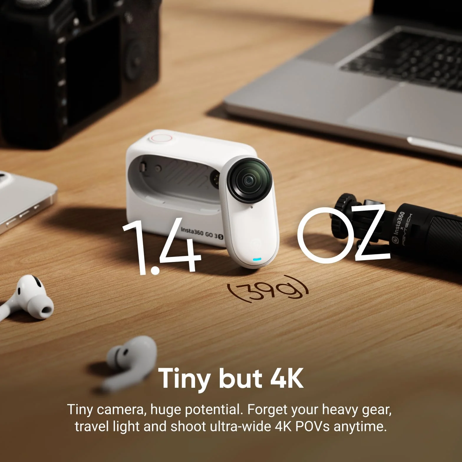 Insta360 GO 3S Cycling POV Bundle 64GB biały - mała przenośna kamera do vlogowania 4K, bez użycia rąk, mocowanie w dowolnym miejscu, stabilizacja, 140 min pracy baterii, wodoodporność 10 m, edycja AI