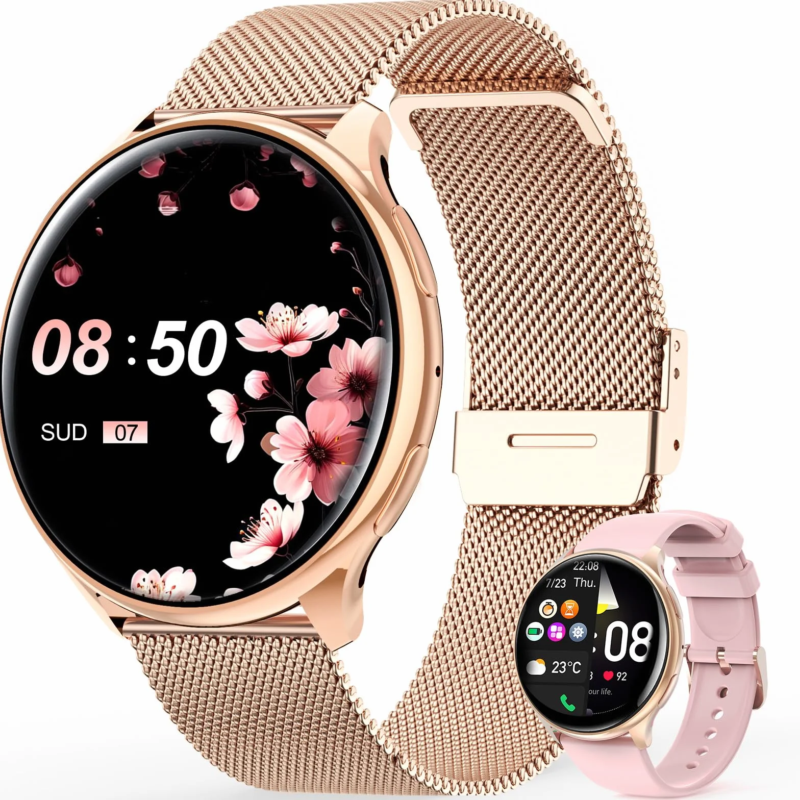 Loekneue 2024 Smartwatch damski okrągły z funkcją telefonu 1,39" HD ekran dotykowy zegarek ze SpO2 / cyklem menstruacyjnym/monitorem snu/wodoszczelność IP68 / krokomierz/fitness (Różane złoto)