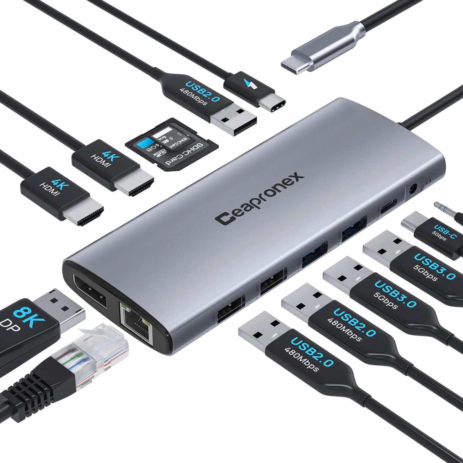 Stacja dokująca USB C, podwójny monitor, stacja dokująca do laptopa, 14 w 1, wieloportowy adapter USB C, do MacBooka/Dell/HP/Lenovo z 2 HDMI 4K, DP 8K, ładowanie PD, RJ45, 6 portów USB, SD/TF
