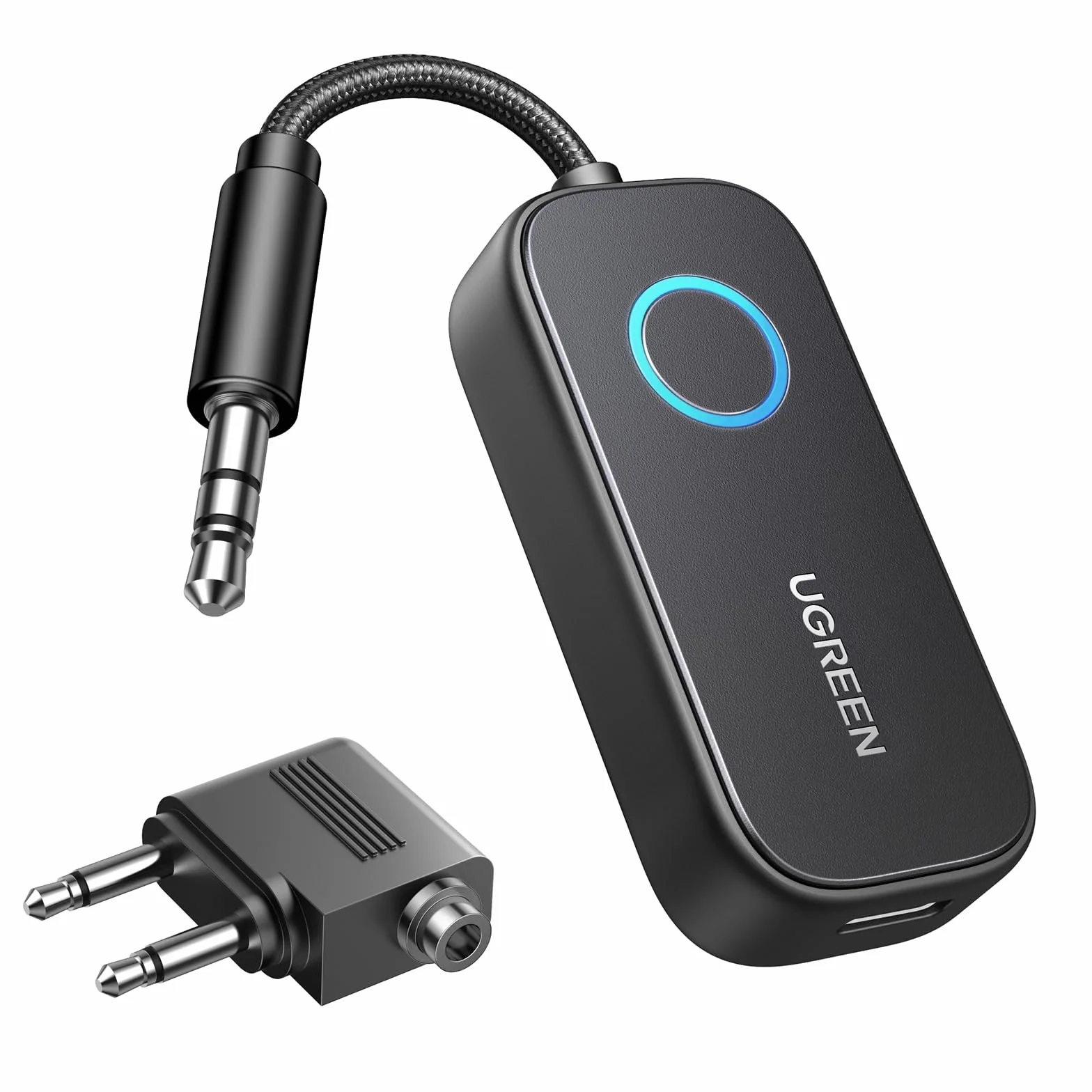 UGREEN Lotniczy aptX Bluetooth 5.3 Nadawca z Dodatkowym Podwójnym 3.5 mm AUX Adapterem, Adapter Bluetooth dla dwóch słuchawek, takich jak Airpods, 2 w 1 Bluetooth Nadawca i Odbiorca Kompatybilny z TV